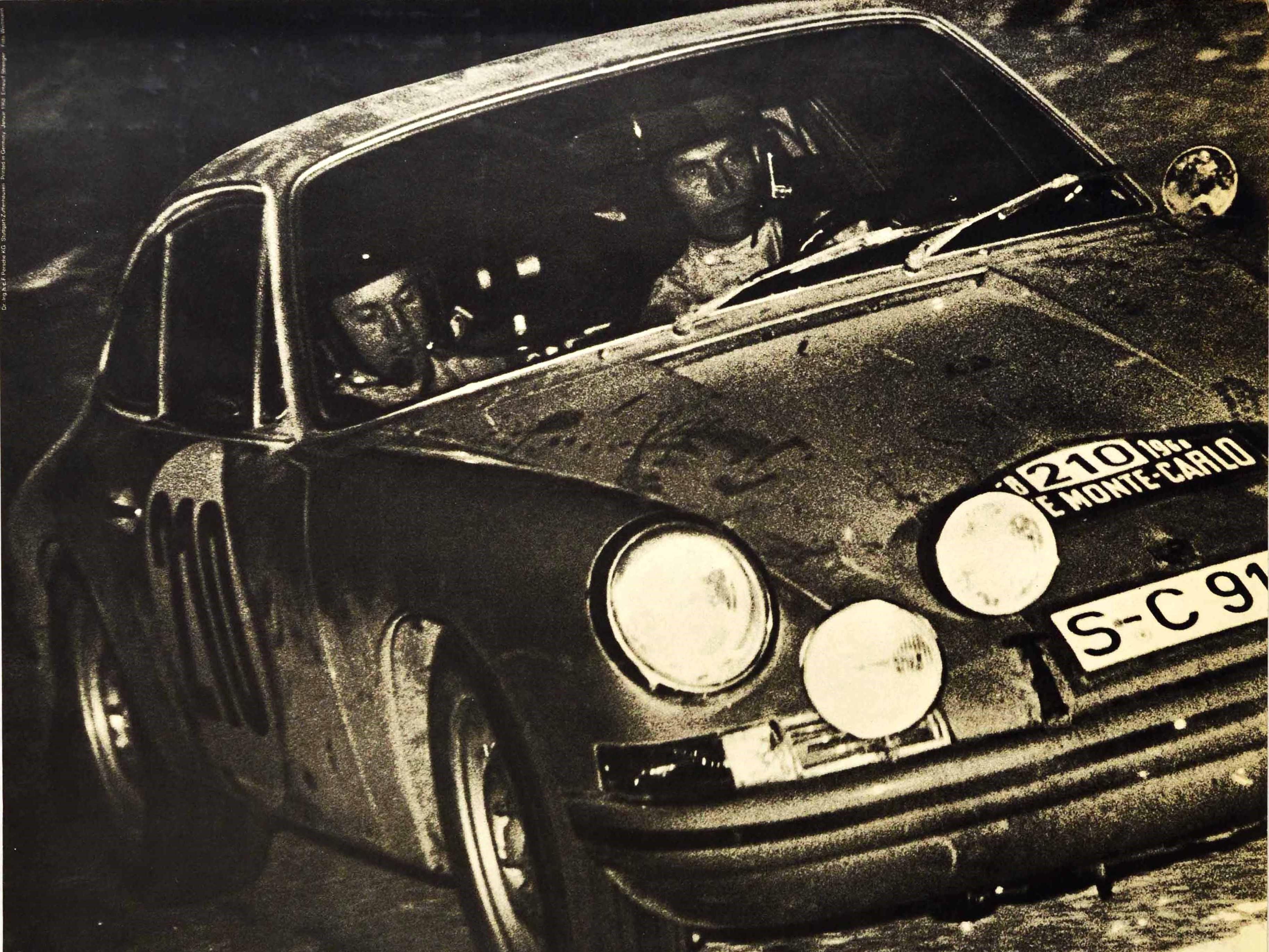 Original vintage car advertising poster celebrating Porsche Victory 1968 Rallye Monte Carlo 1. Vic Elford / David Stone 2. Pauli Toivonen / Martti Tiukkanen in Porsche 911T racing cars featuring a black and white photograph of Elford and Stone