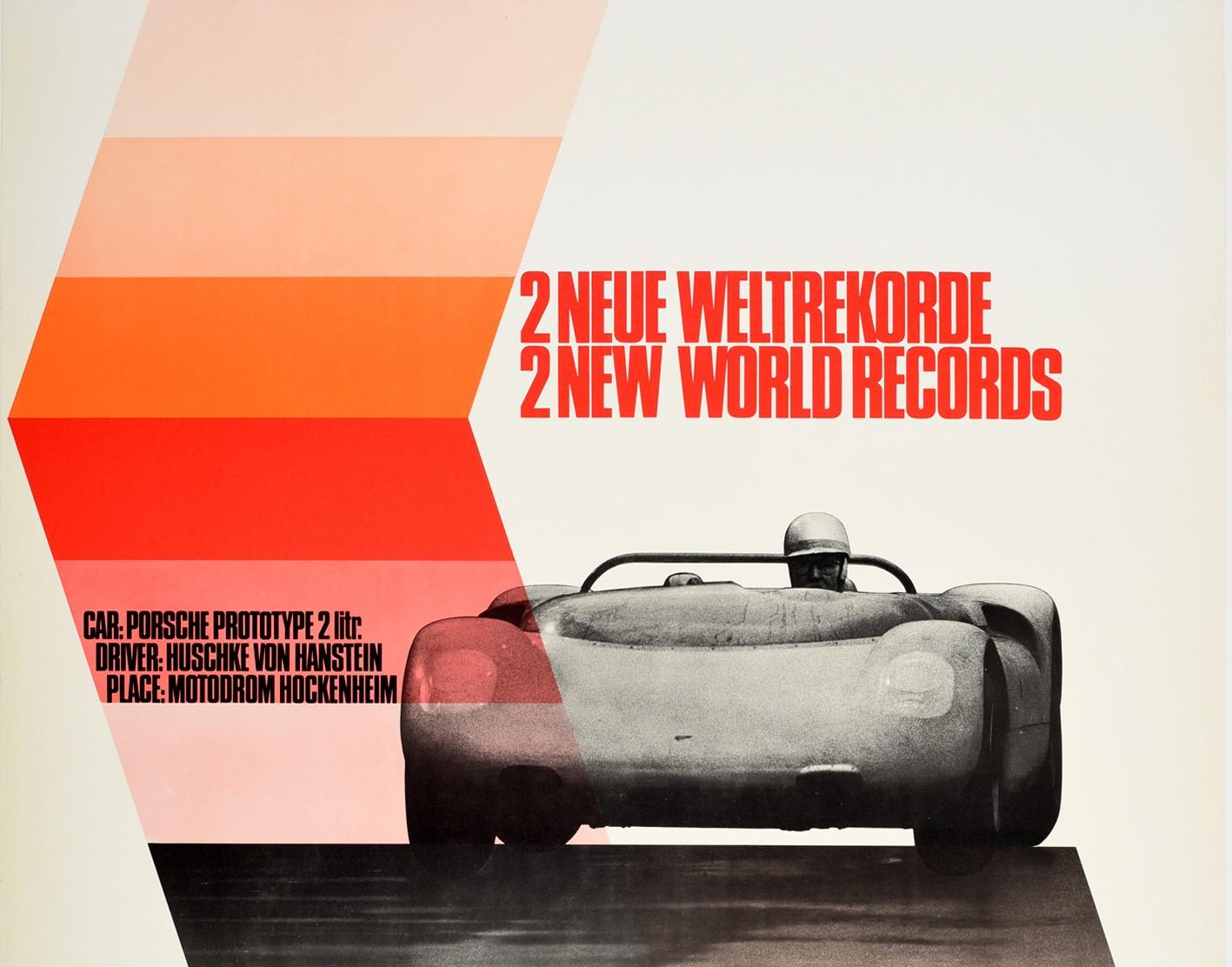 Original vintage advertising poster for Porsche promoting their 2 Neue-Weltrekorde / 2 New World Records featuring a great design by Erich Strenger (1922-1993) of a Porsche Prototype 2 litre car driven by the German racing driver Huschke von