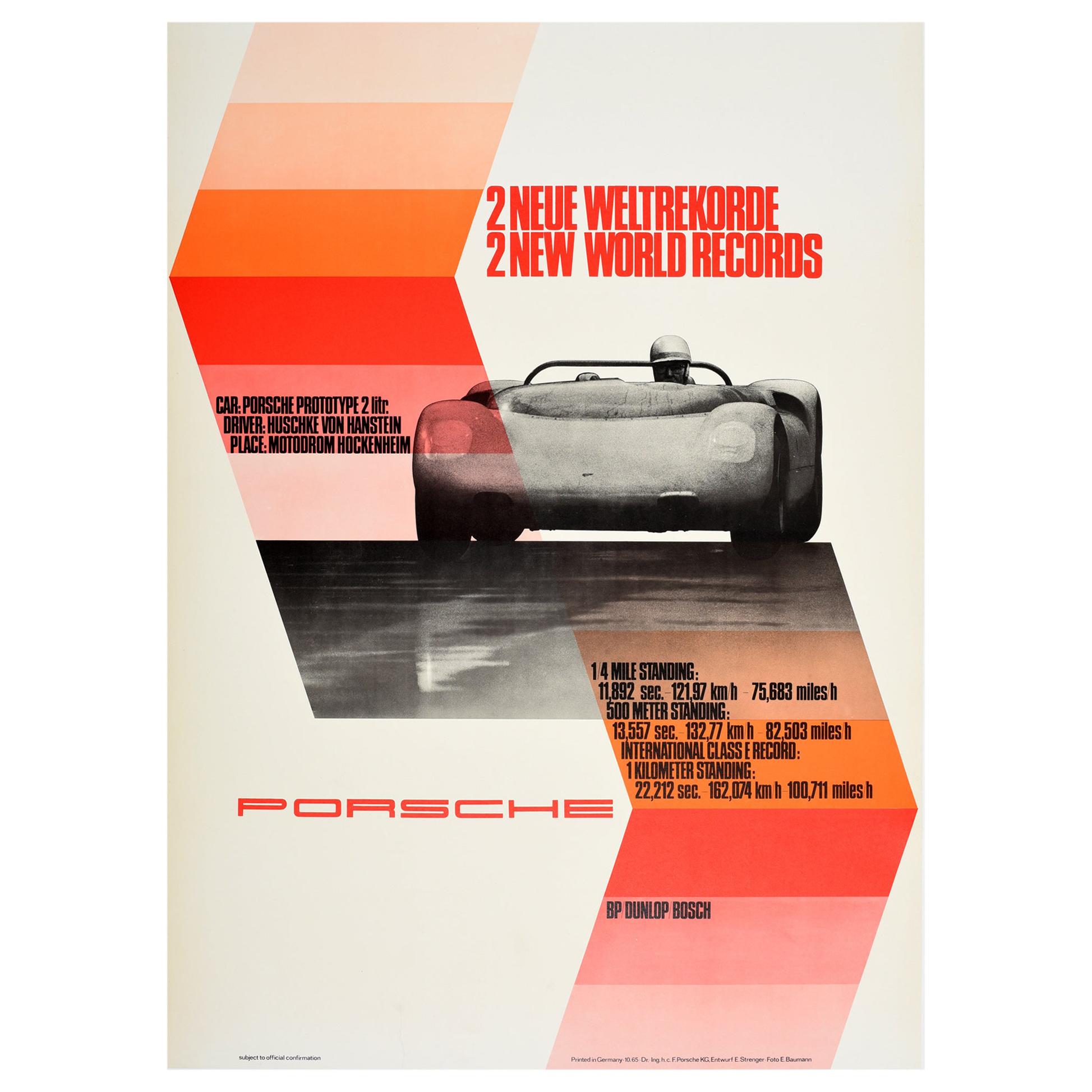 Original Vintage Auto Racing Poster Porsche Prototype 2 World Records Hockenheim