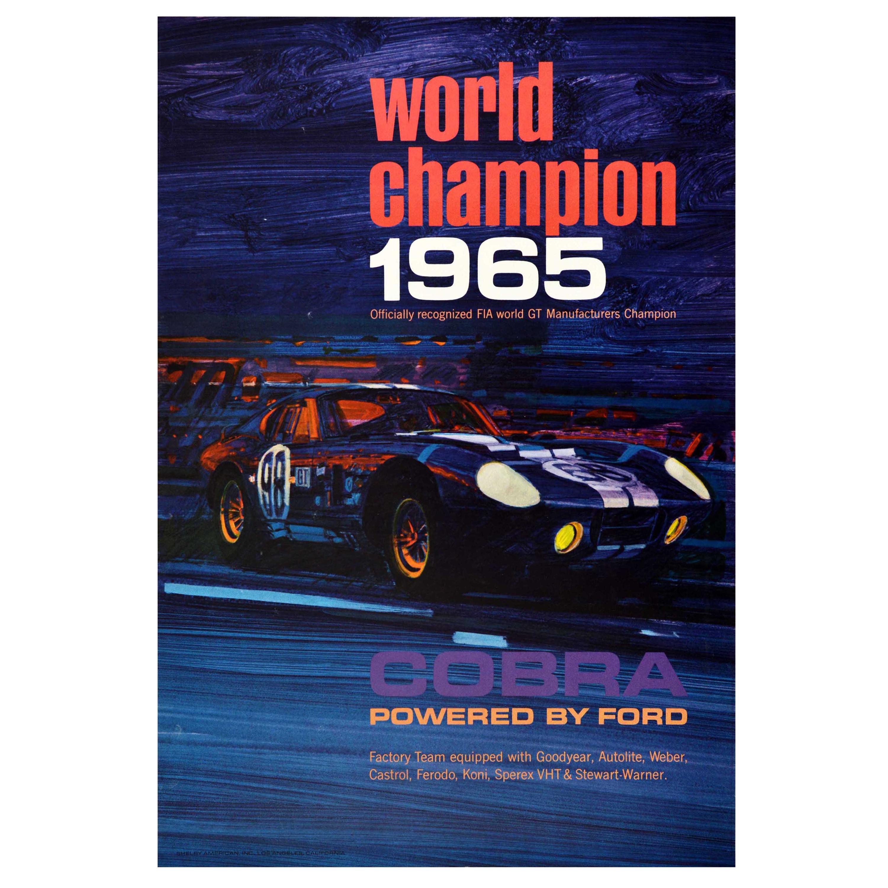 Original Vintage Auto Racing Poster World Champion 1965 Ford Cobra Motorsport