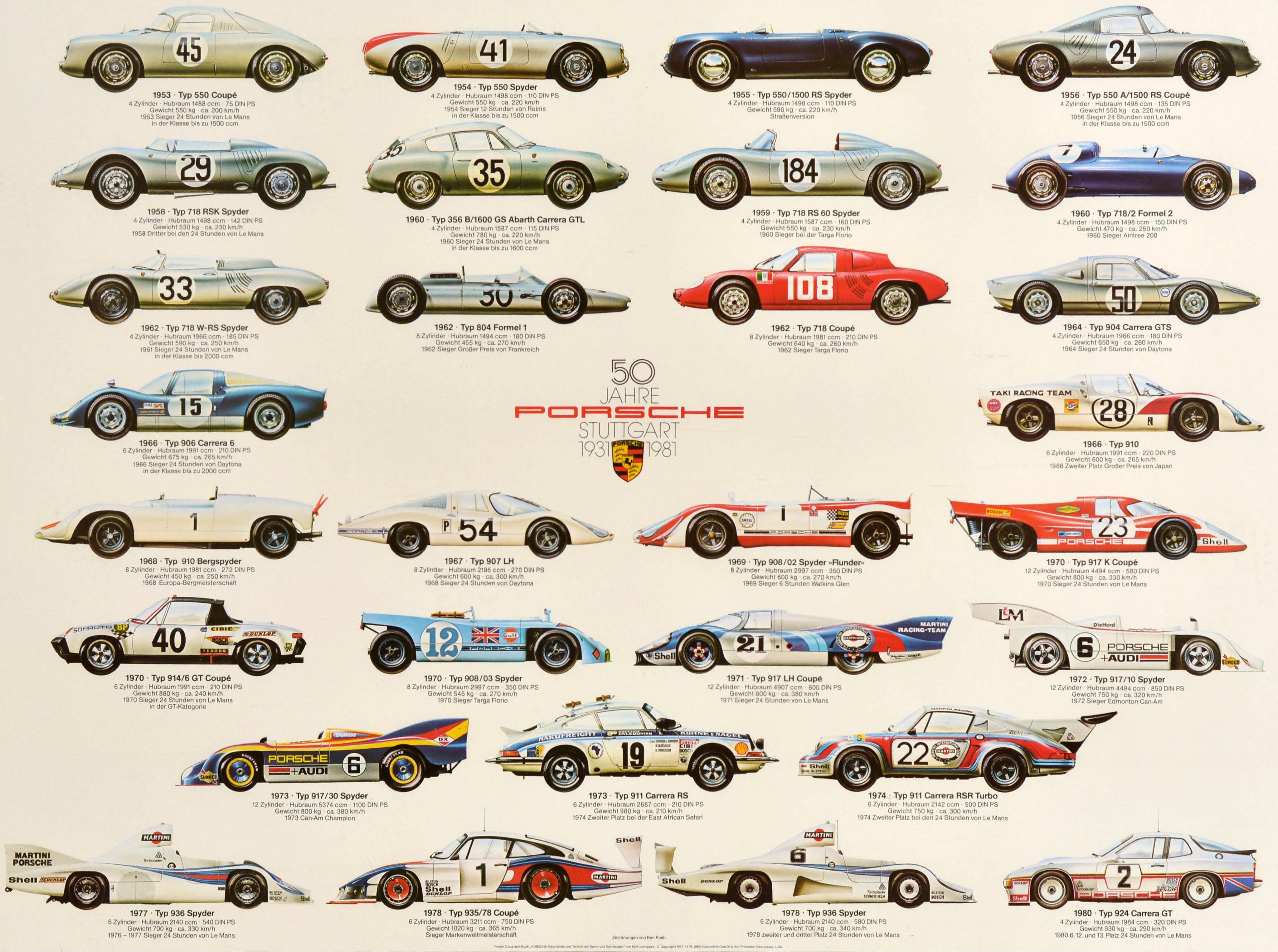 Poster commemorativo originale d'epoca per il 50° anniversario della casa automobilistica tedesca Porsche (1931-1981) con un disegno colorato e informativo di Ken Rush che mostra 29 modelli di auto da corsa Porsche prodotti tra il 1953 e il 1980,