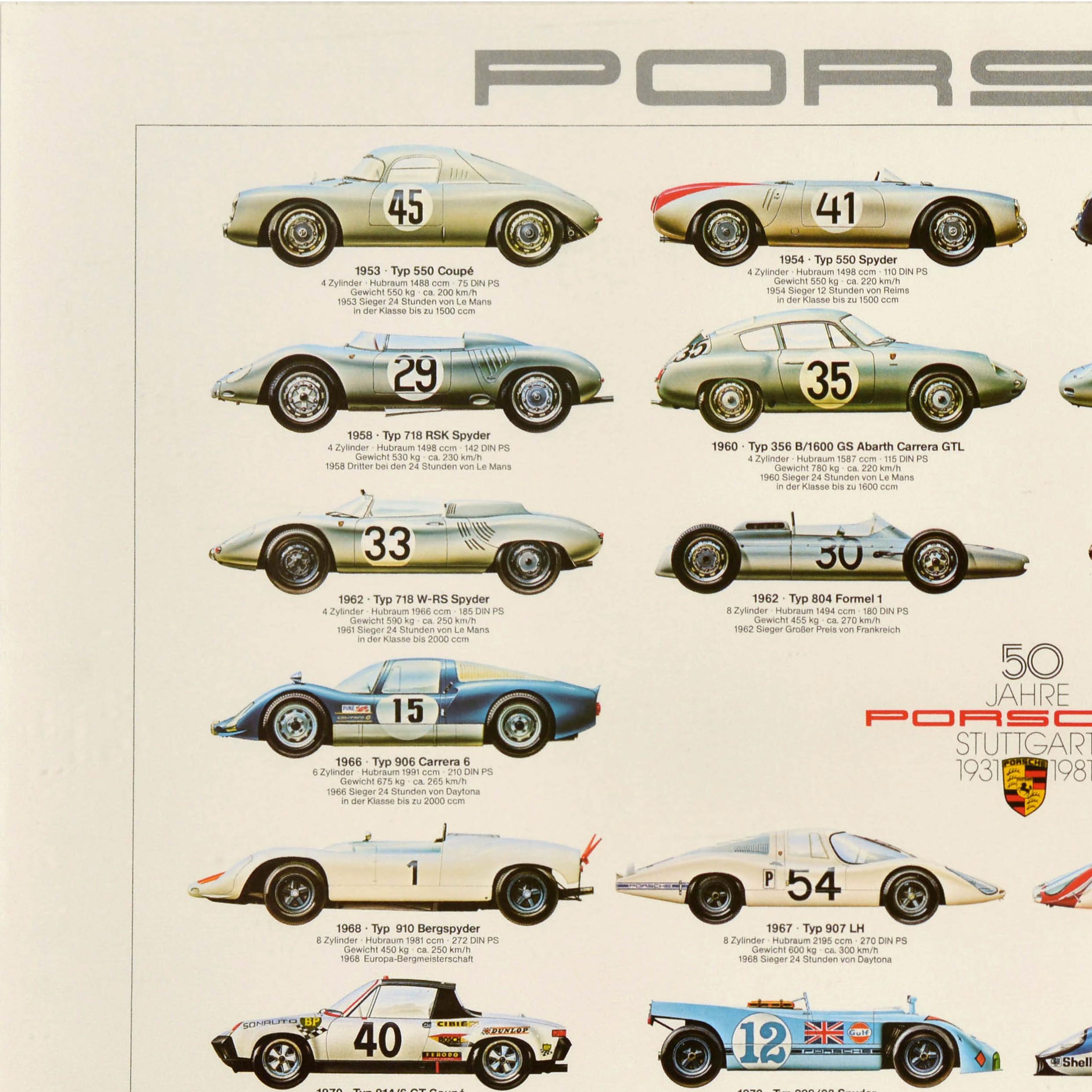 Tedesco Poster originale d'auto d'epoca Porsche 50 anni di auto da corsa Ken Rush in vendita