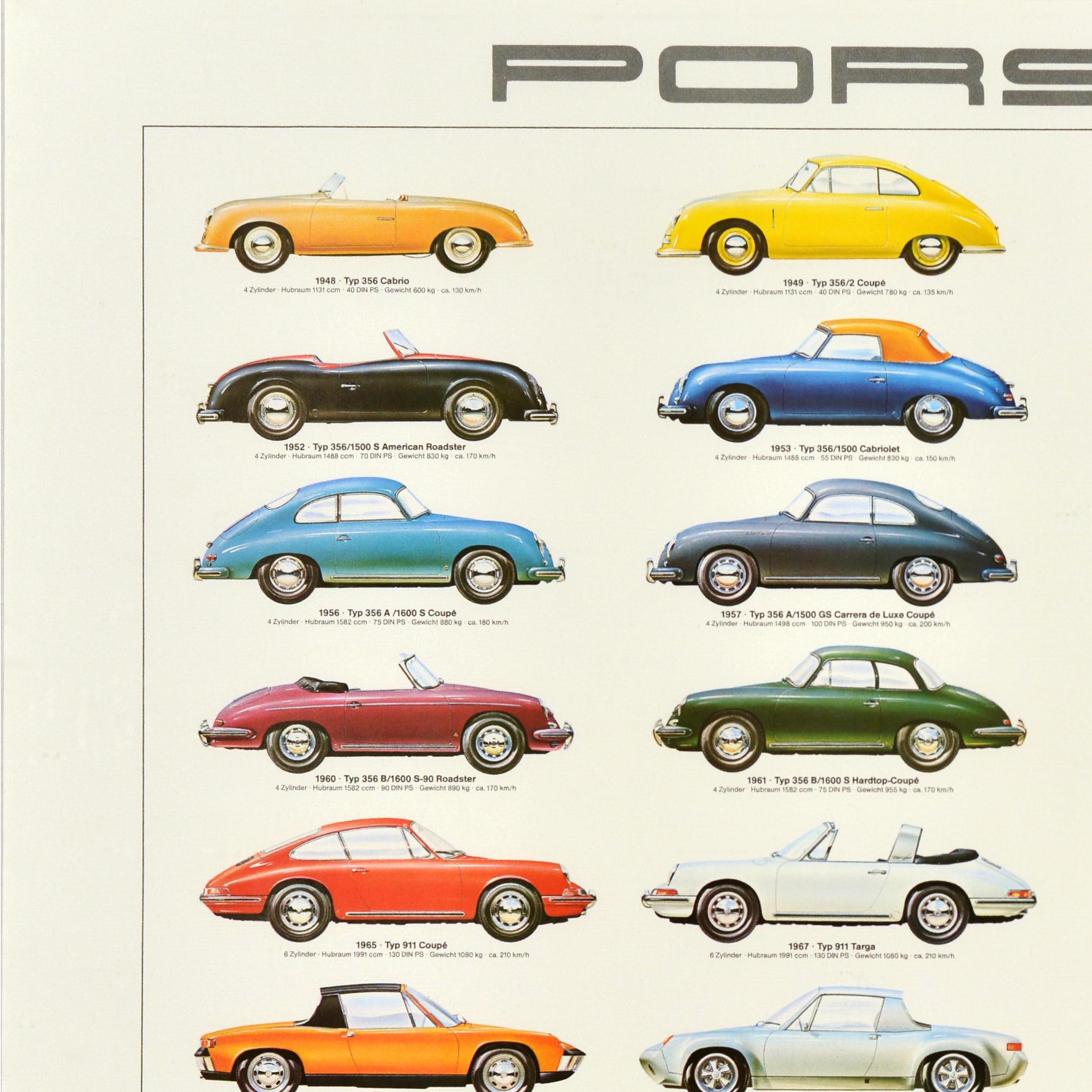 Originale poster commemorativo d'epoca per il 50° anniversario della casa automobilistica tedesca Porsche (1931-1981) con un disegno colorato e informativo di Ken Rush che mostra 31 modelli di auto Porsche prodotte tra il 1948 e il 1980, comprese le