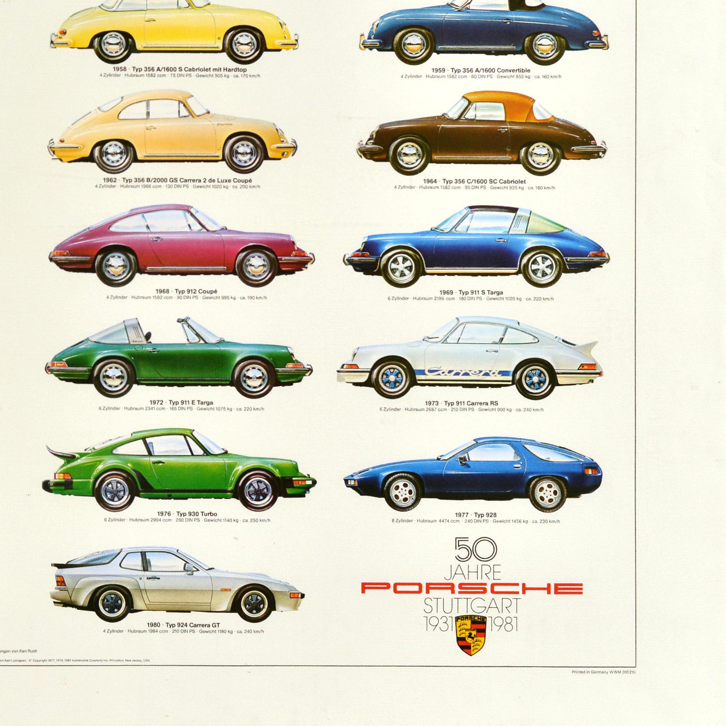 Fine XX secolo Poster automobilistico originale d'epoca Porsche 50 anni auto di serie Ken Rush in vendita