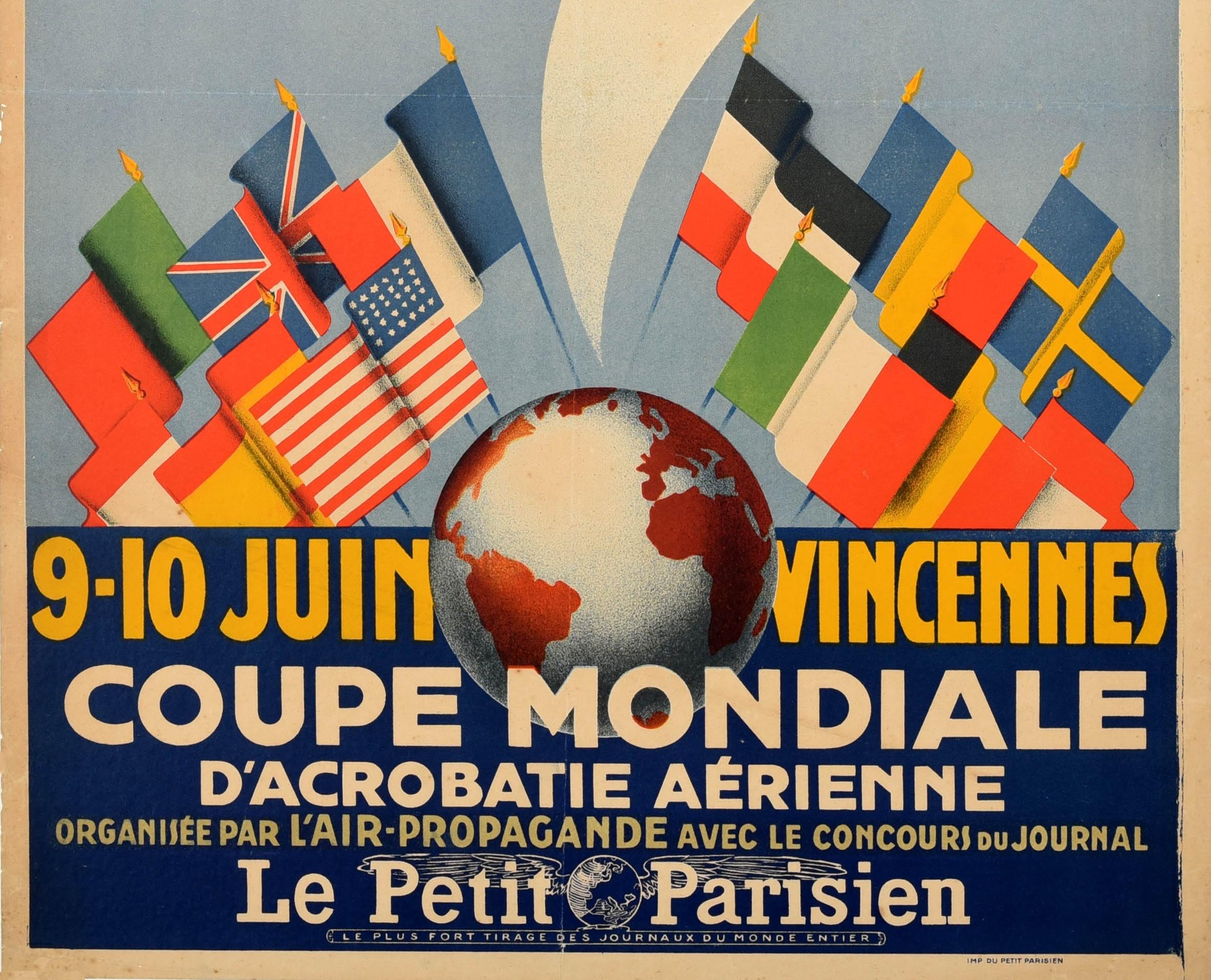 Francese Poster originale d'epoca dell'aviazione Coppa del Mondo di Acrobazia Aerea Vincennes Parigi Arte in vendita
