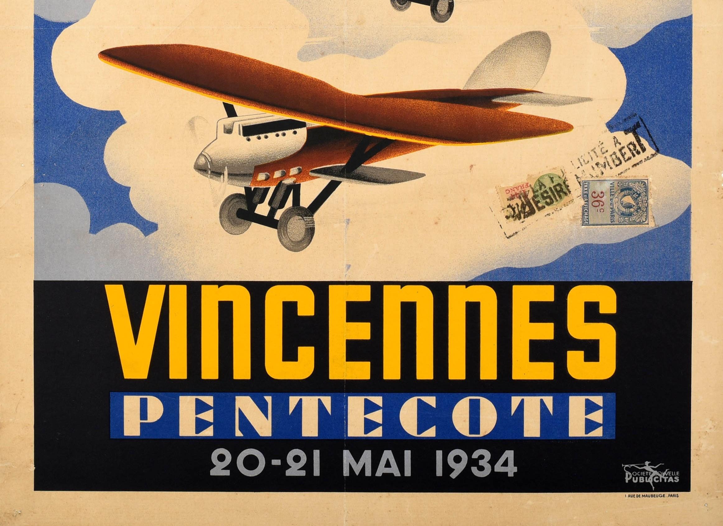 Français Affiche vintage originale d'aviation, Fete Aerienne, Festival d'aviation, Vincennes, Planes d'art en vente
