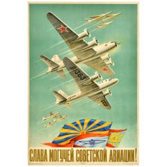 Affiche rétro originale de propagande de l'aviation, Glory To Mighty Soviet Airforce, URSS