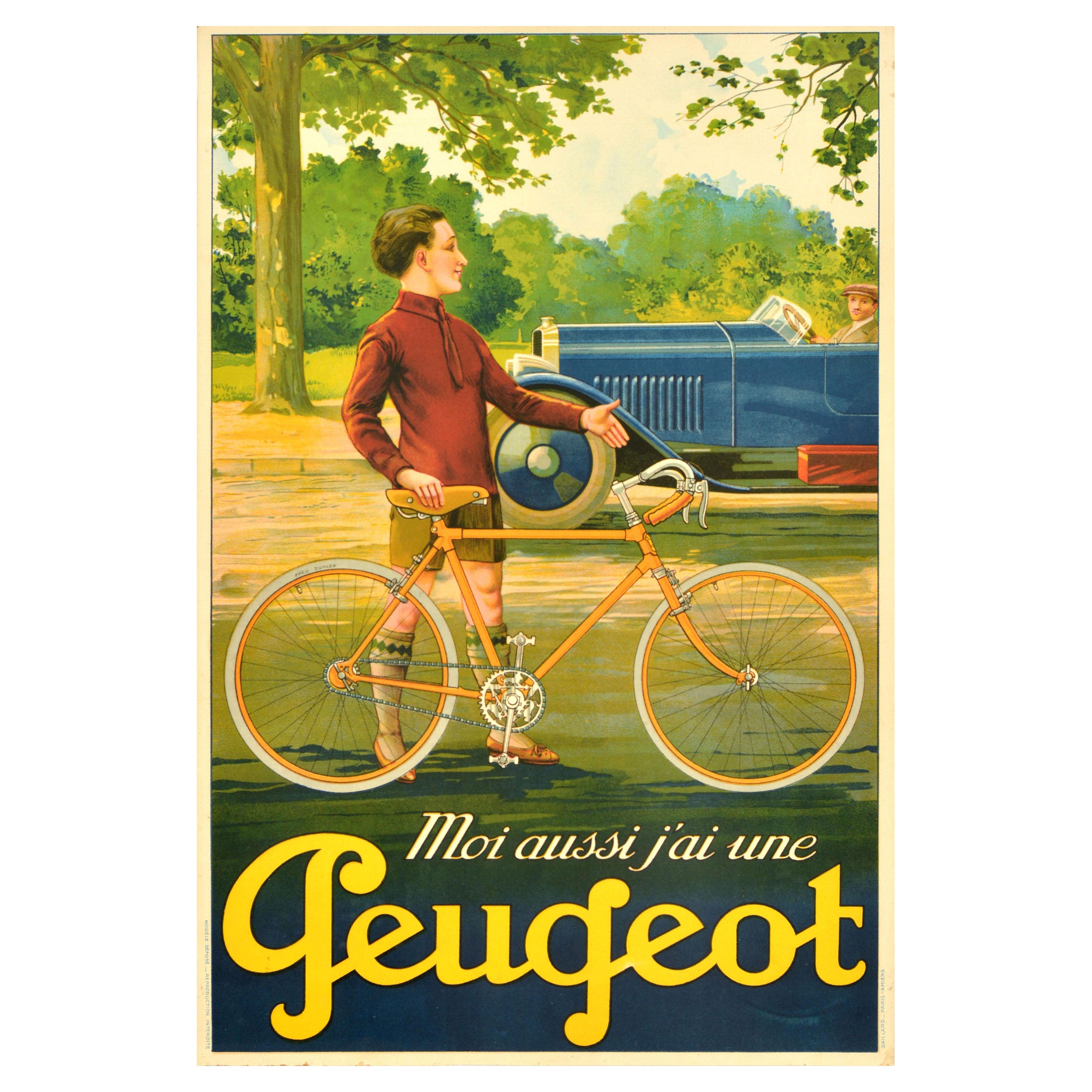 Original-Vintage-Werbeplakat für Fahrrad, „I Also Have Peugeot Cycles“, Frankreich