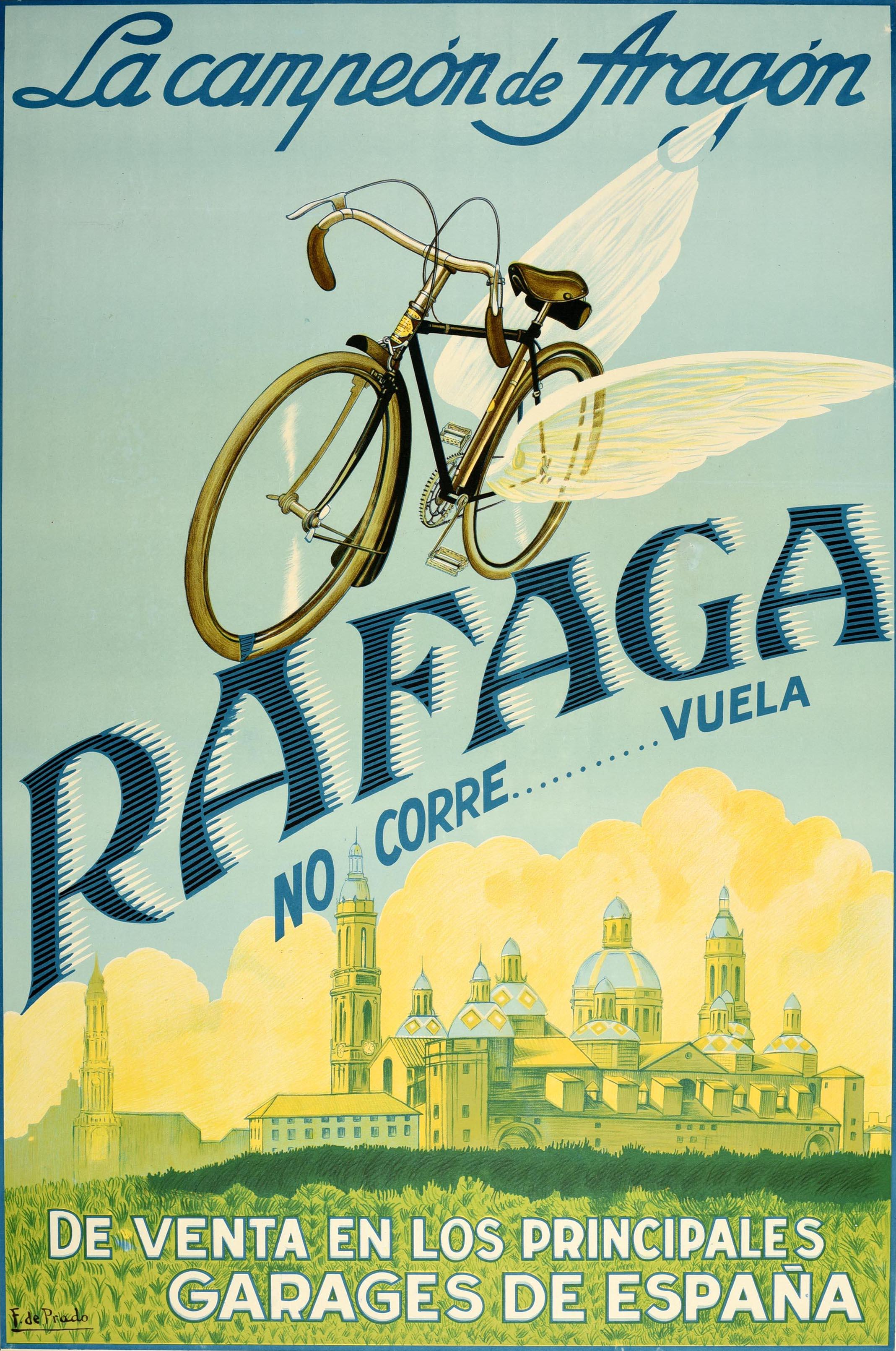 Original vintage bicycle advertising poster for La campeon de Aragon Rafaga No Corre ... Vuela de venta en los principales garages de Espagna / The champion of Aragon Don't Run...Fly - For sale in the main garages of Spain. Great design depicting a
