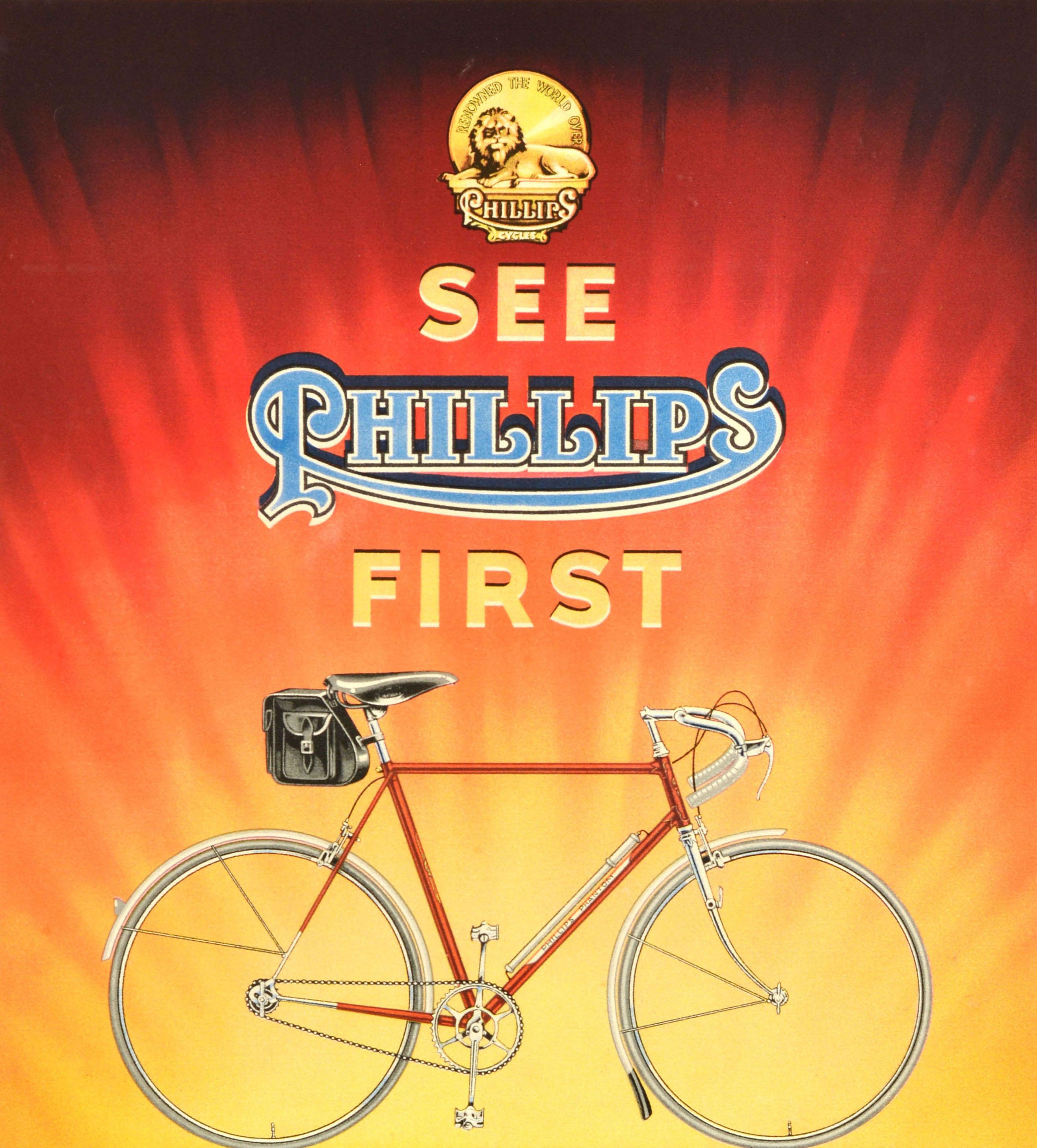 Original vintage bicycle advertising poster - See Phillips first A wonderful range of sports machines ask here for free illustrated catalogue - featuring an image of a new sport bike lit up by the sun shining in yellow, orange and red in the