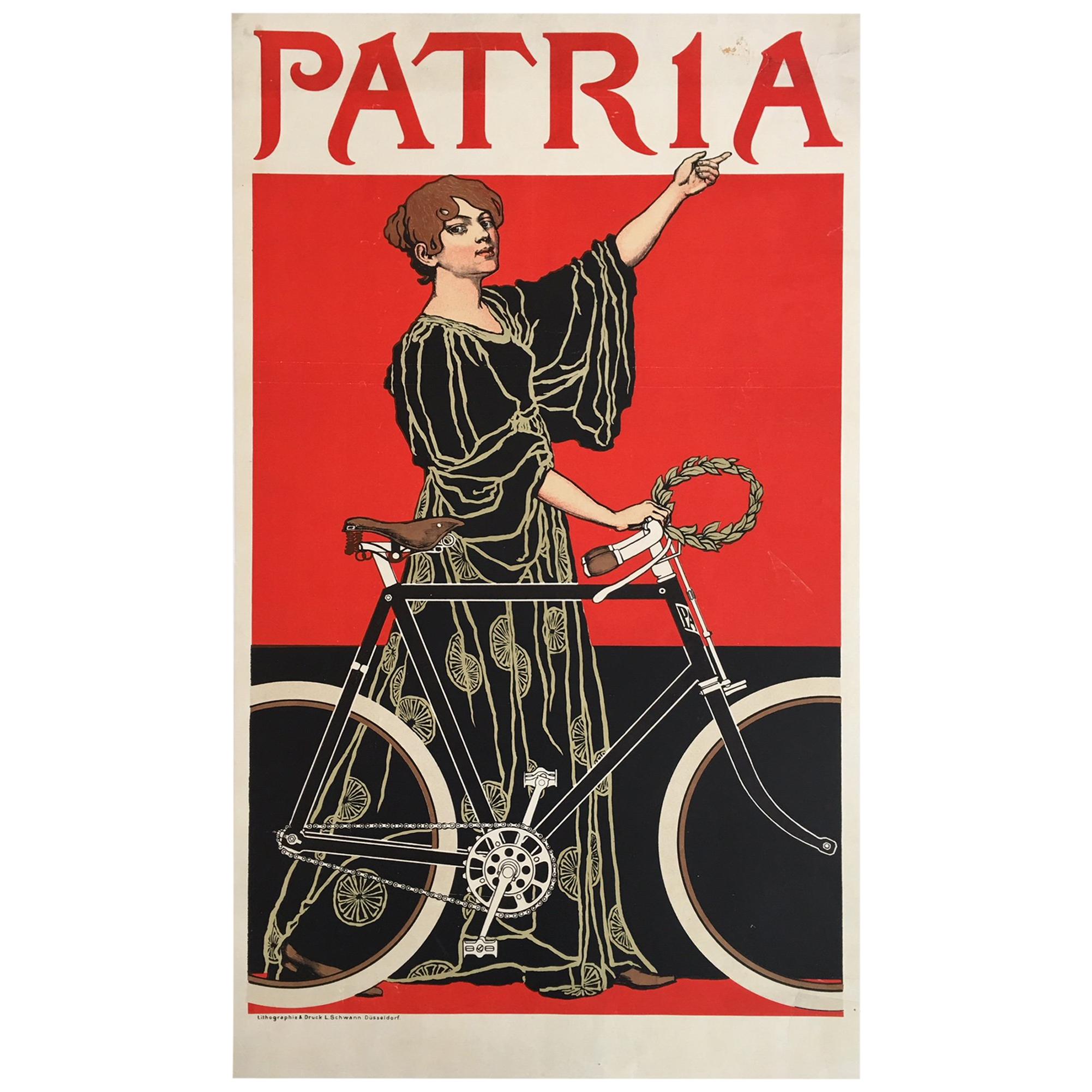 Original Vintage Bicycle Poster, 'Patria' French Lithograph Poster, 1900