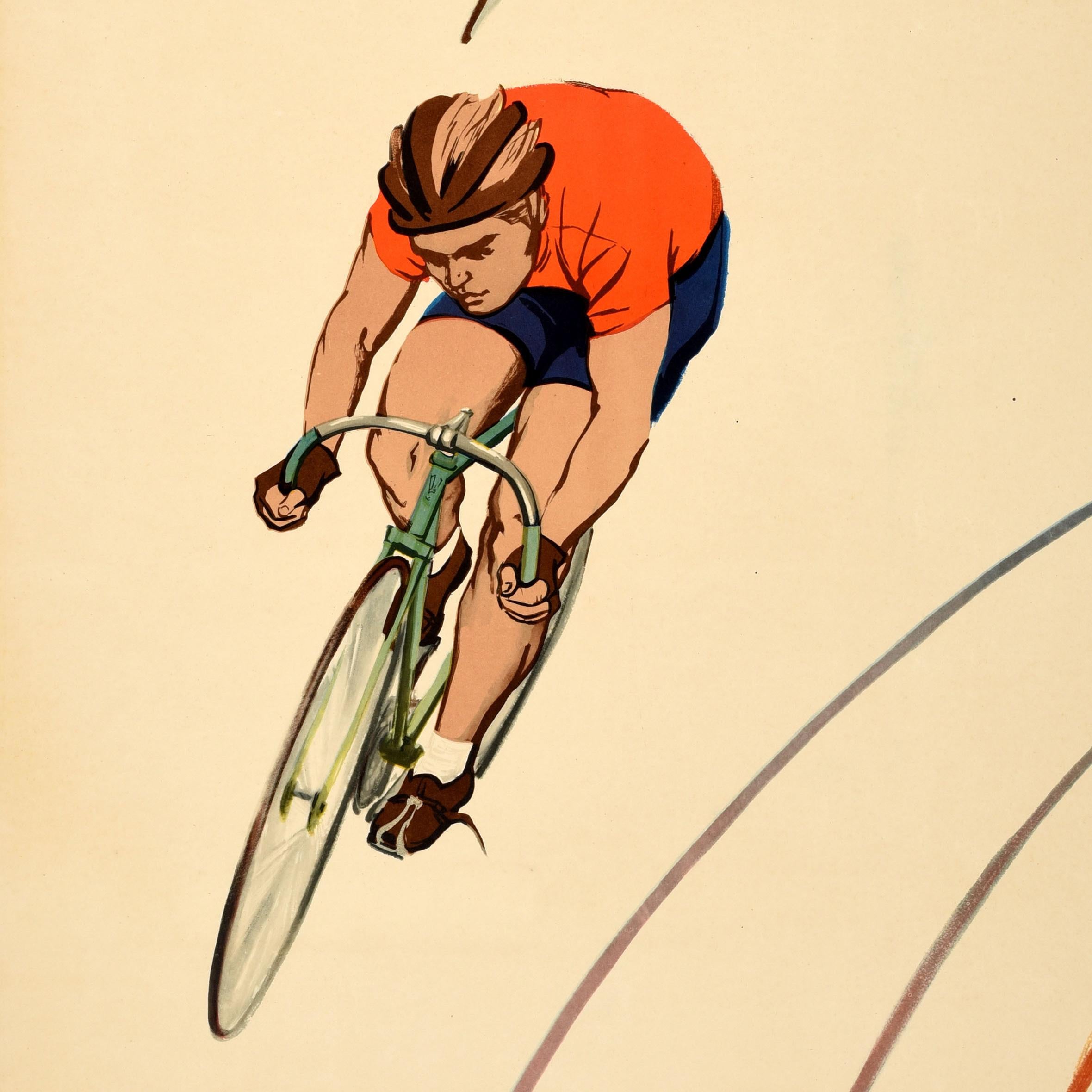 Original vintage bicycle sport poster - To New Successes in Soviet Sports / К новым успехам в советском спорте! - featuring a great graphic design depicting cyclists racing around a velodrome at speed wearing cycling helmets and different coloured