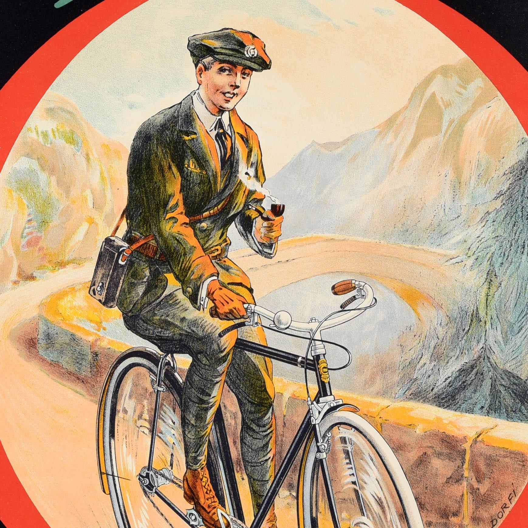 Original vintage bike advertising poster for Omega Cycles featuring scenic artwork by Dorfi (Albert Dorfinant; 1881-1976) depicting a man smoking a pipe and riding a bicycle along a Hillside road in front of trees and mountains with a bridge over