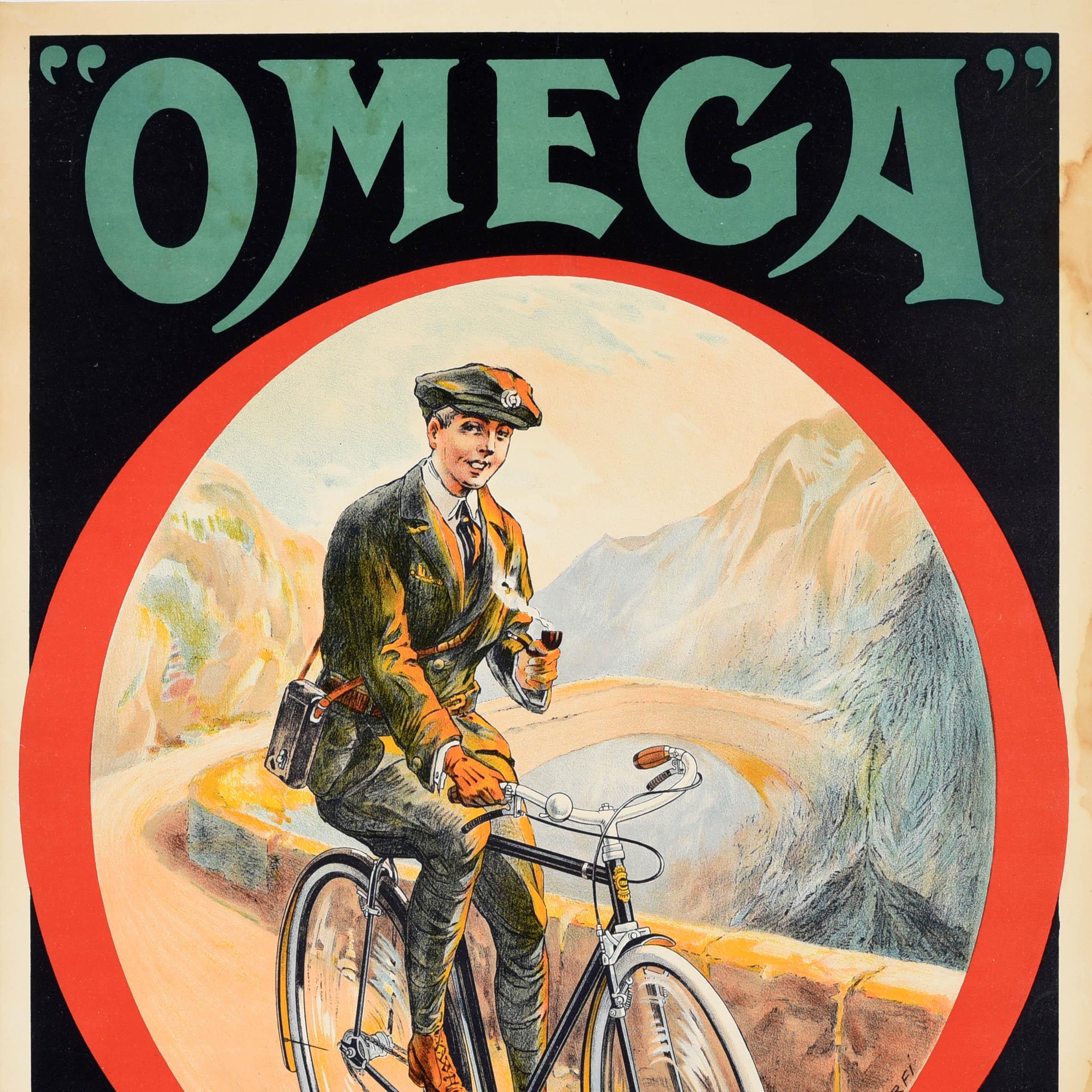 Original-Vintage-Werbeplakat Omega Cycles Dorfinant Fahrraddesign (Französisch) im Angebot