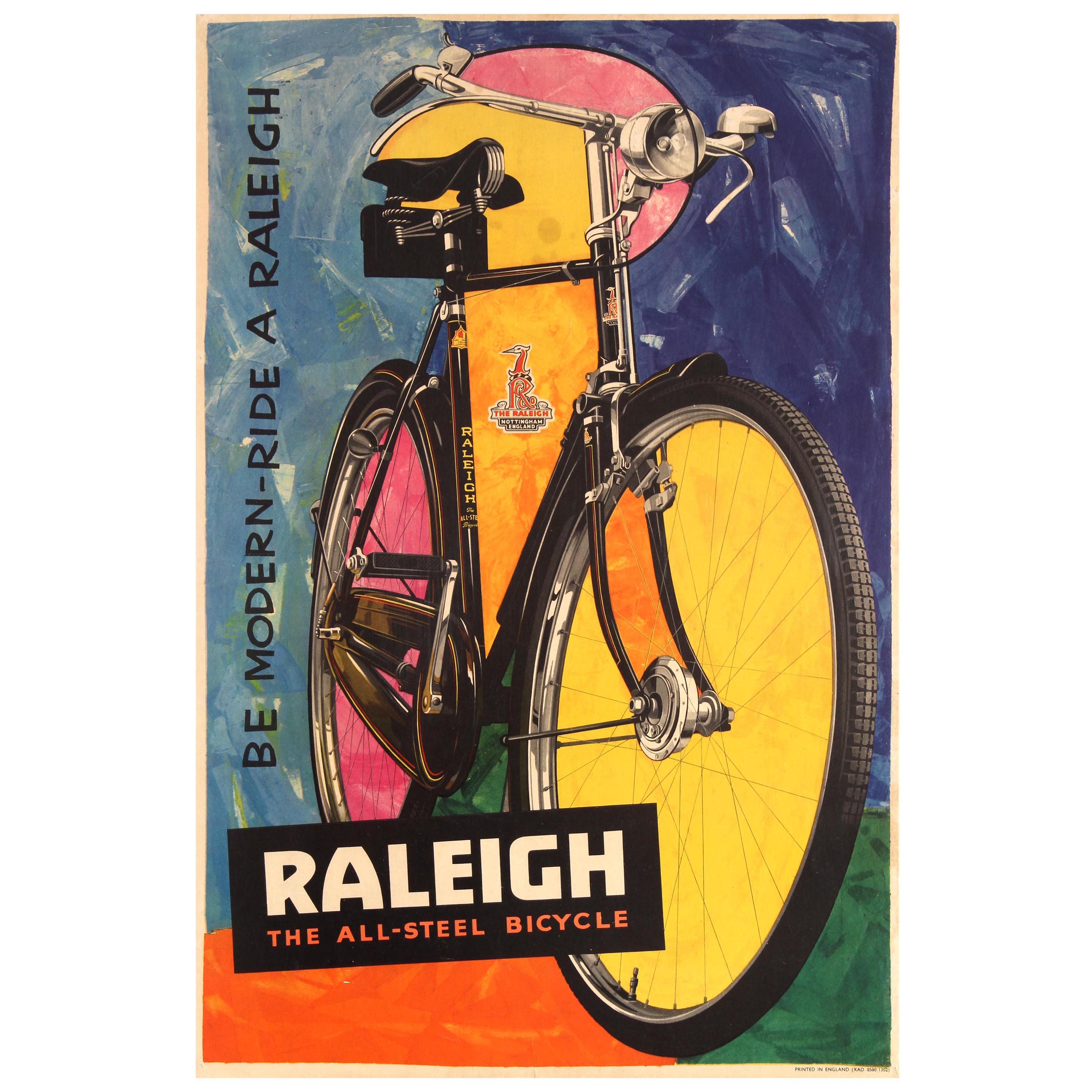 Original Vintage Bike Poster Be Modern Ride a Raleigh The All-Steel Bicycle Art
