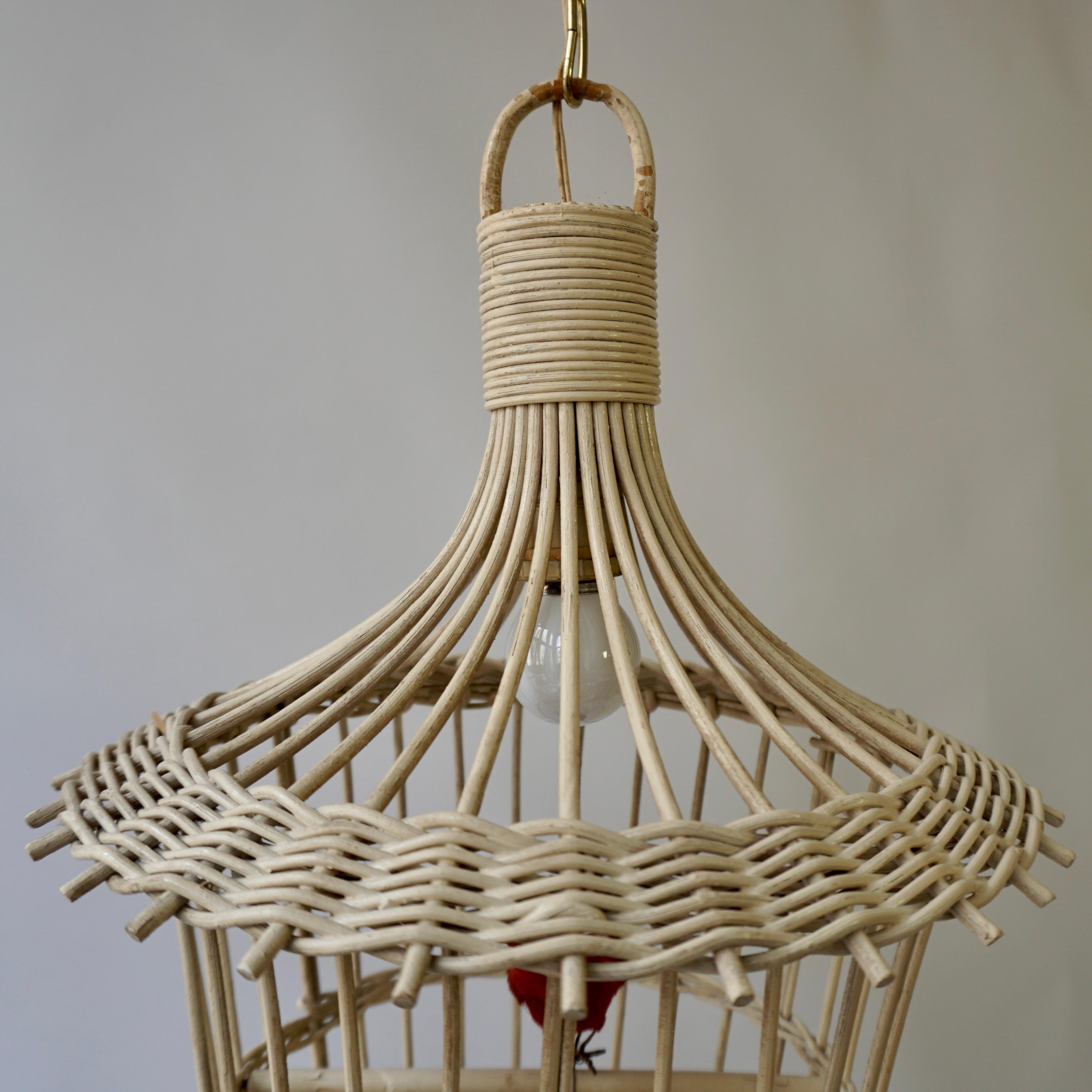 Original Vintage Birdcage Pendant Lamp in White Rattan For Sale 7