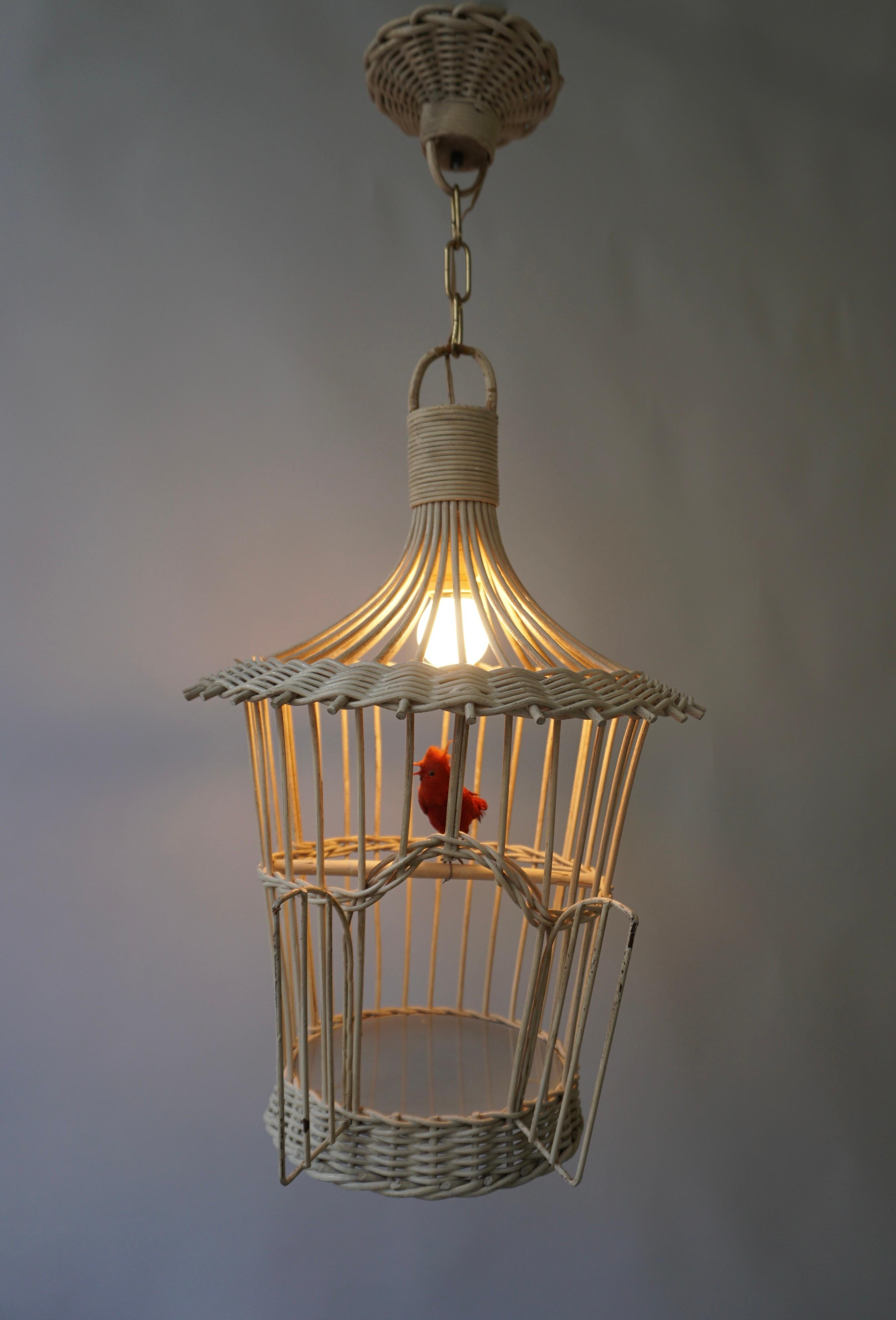 Mid-Century Modern Original Vintage Birdcage Pendant Lamp in White Rattan For Sale