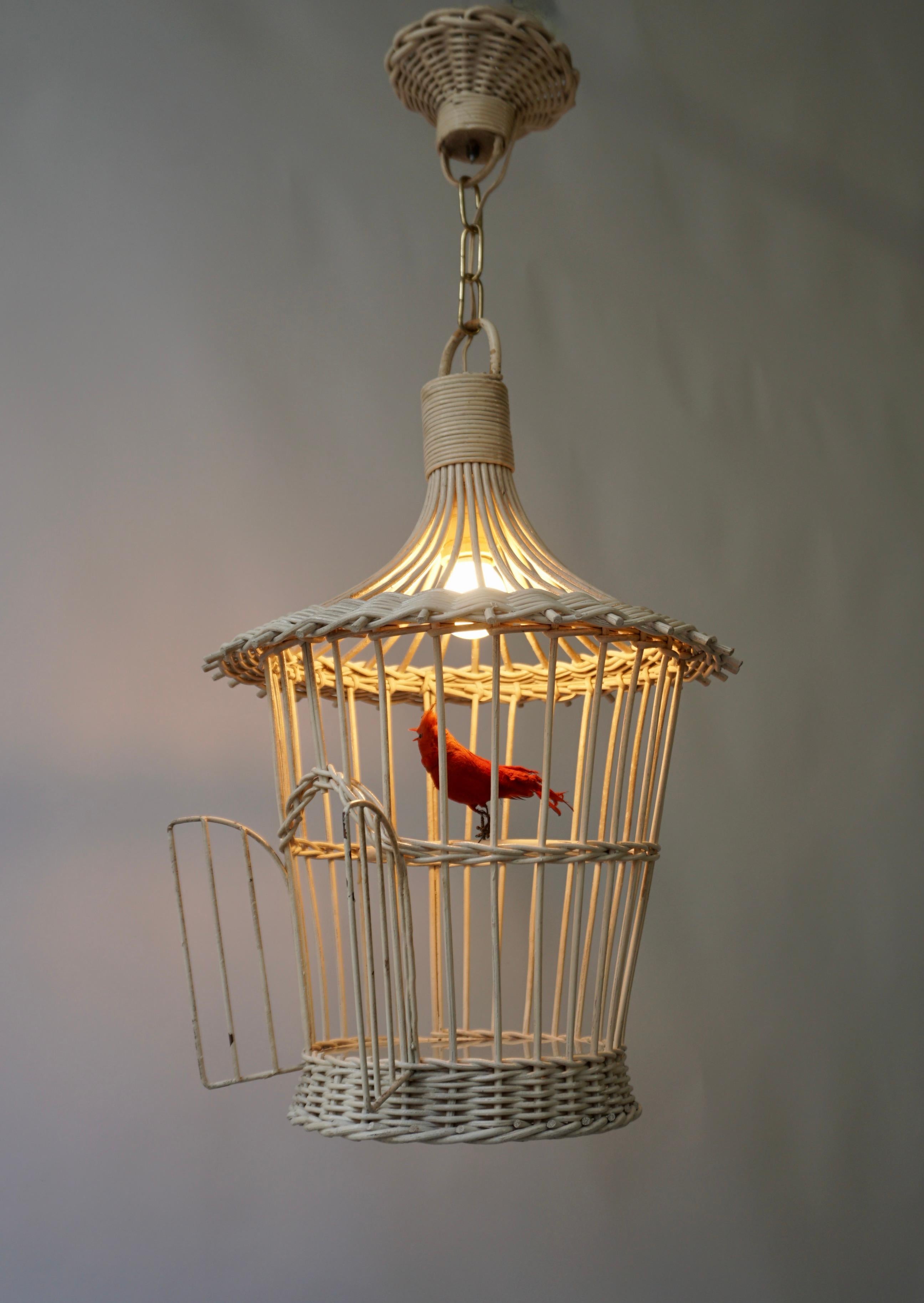 Italian Original Vintage Birdcage Pendant Lamp in White Rattan For Sale