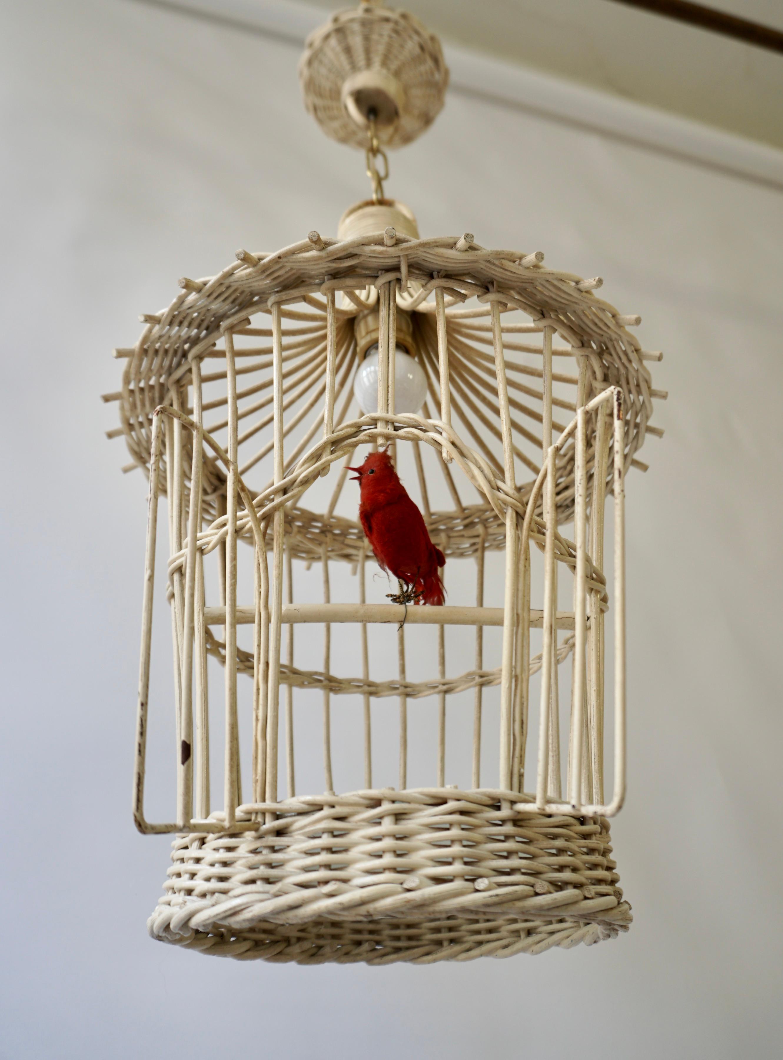 Original Vintage Birdcage Pendant Lamp in White Rattan For Sale 1