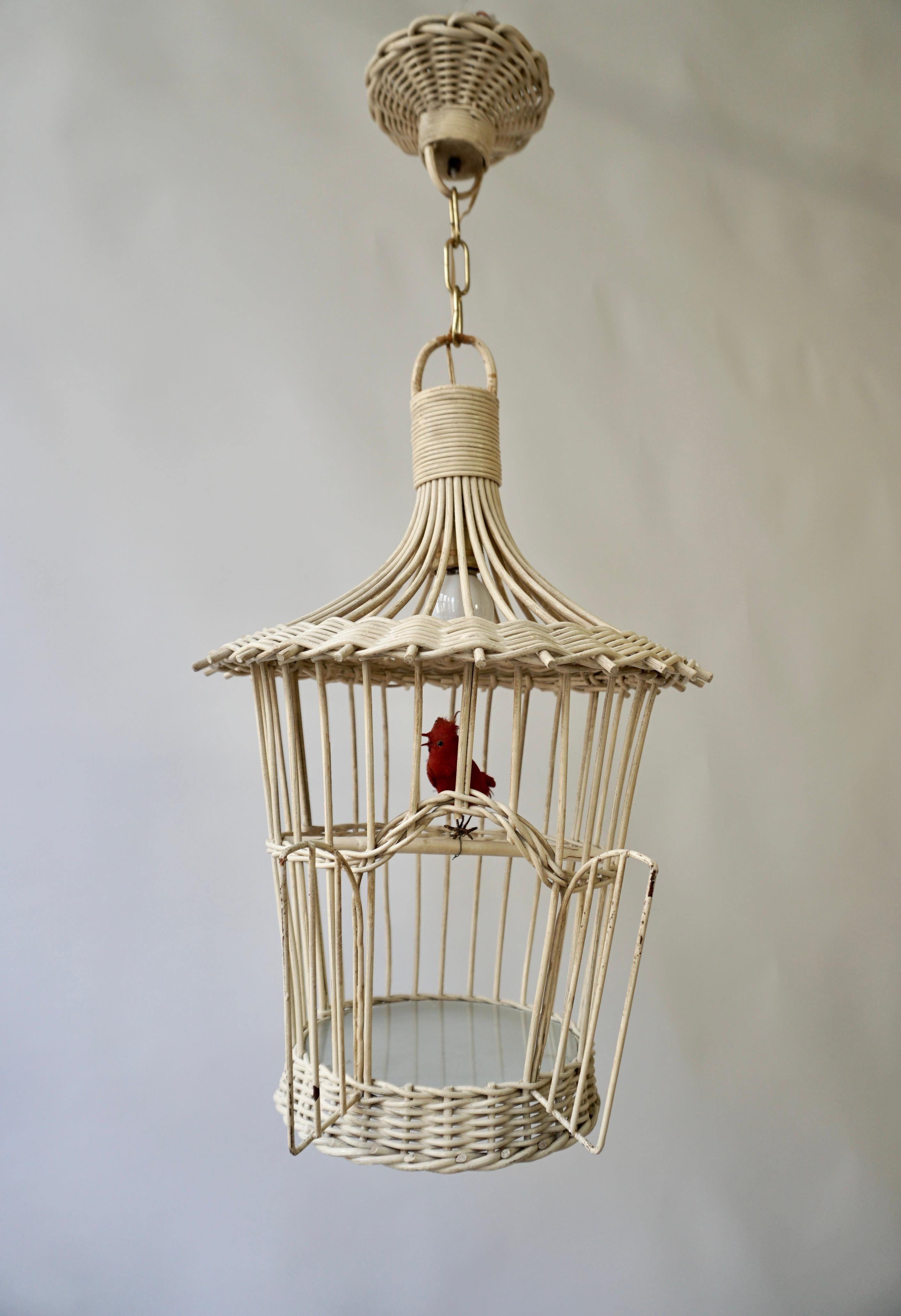 Original Vintage Birdcage Pendant Lamp in White Rattan For Sale 2