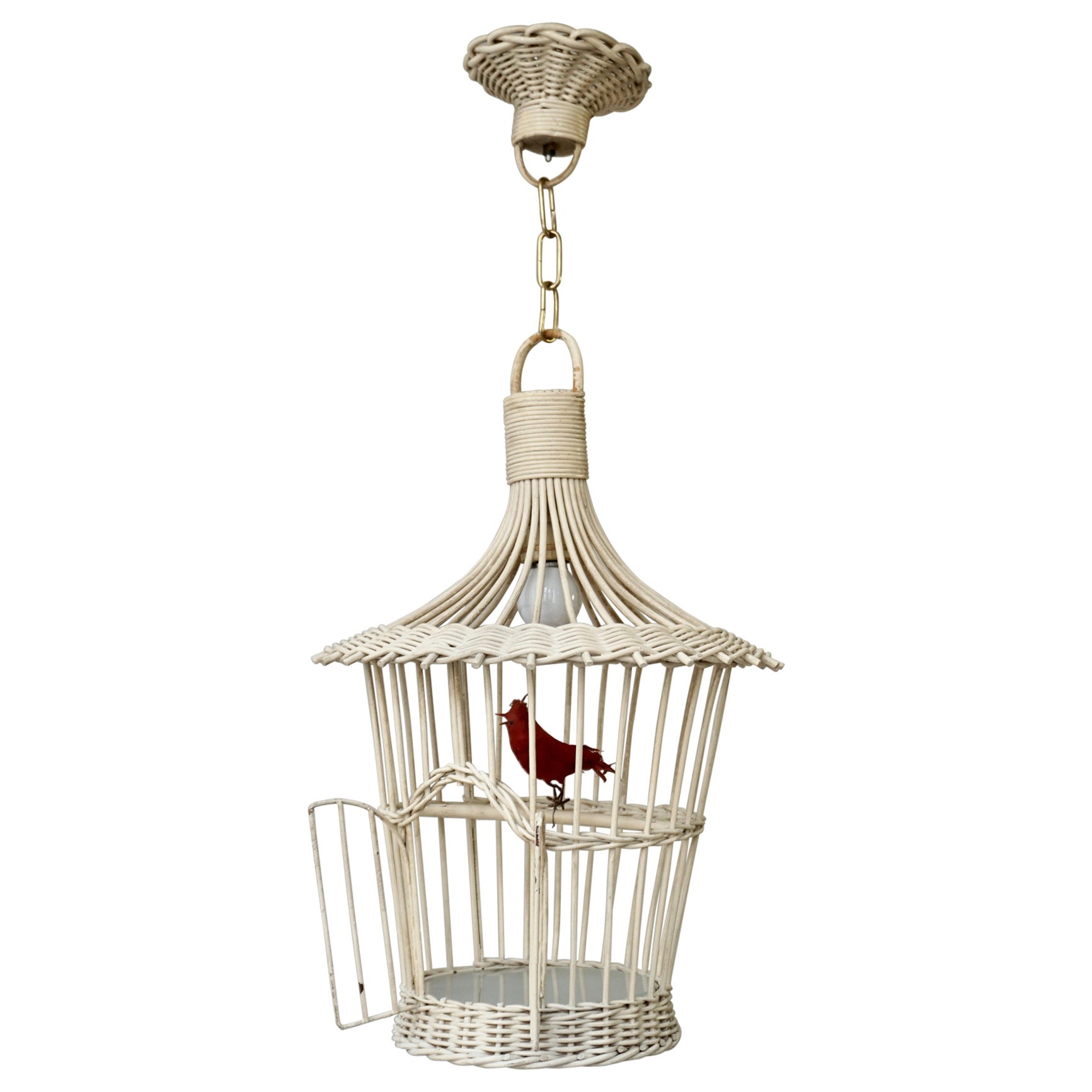 Original Lámpara Colgante Vintage Birdcage de Ratán Blanco en venta