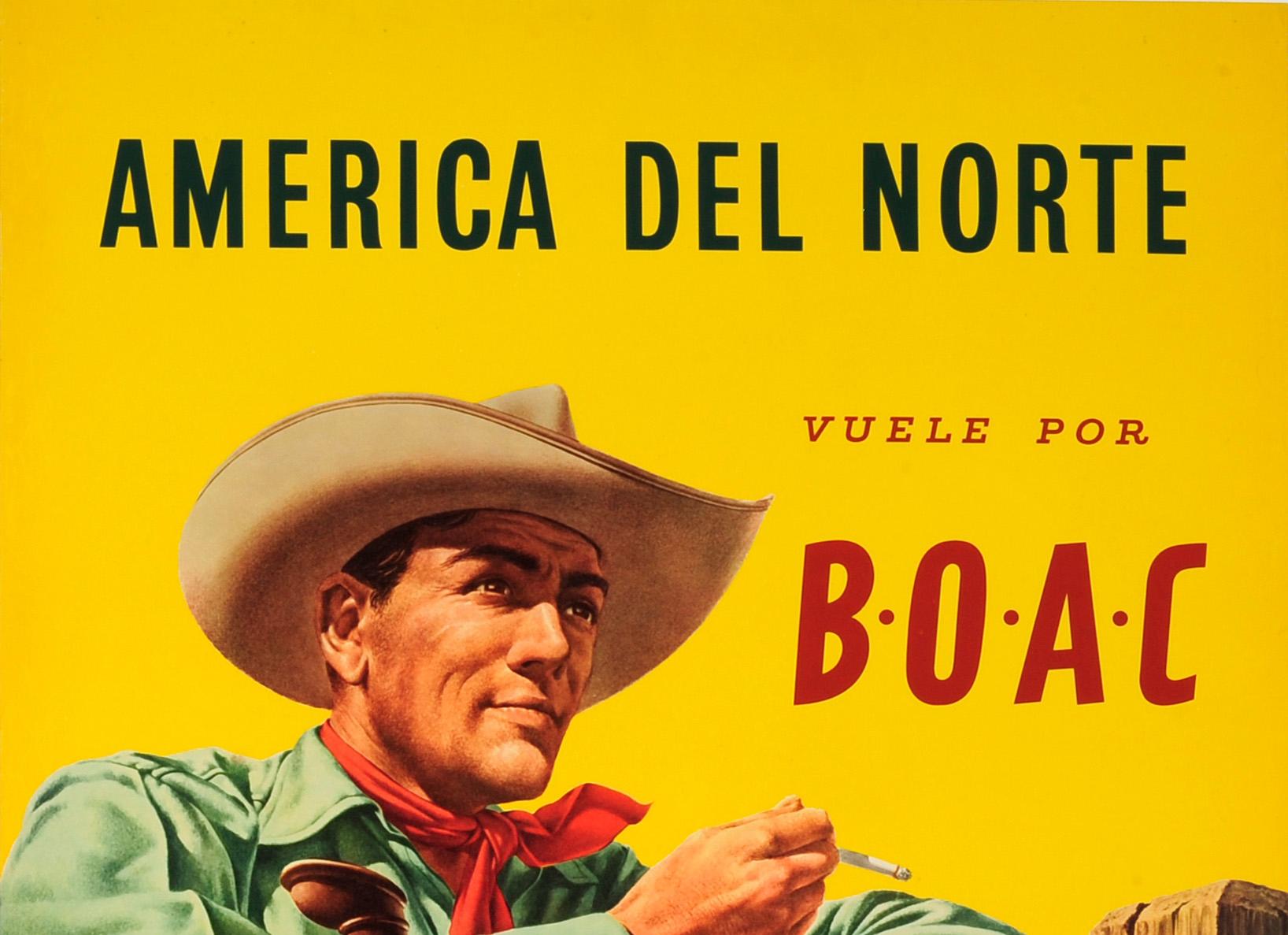 Original vintage travel advertising poster promoting flights to North America - America Del Norte vuele por BOAC / North America fly by BOAC - featuring a cowboy wearing a hat and leaning on a saddle on a wooden fence, holding a lasso in one hand