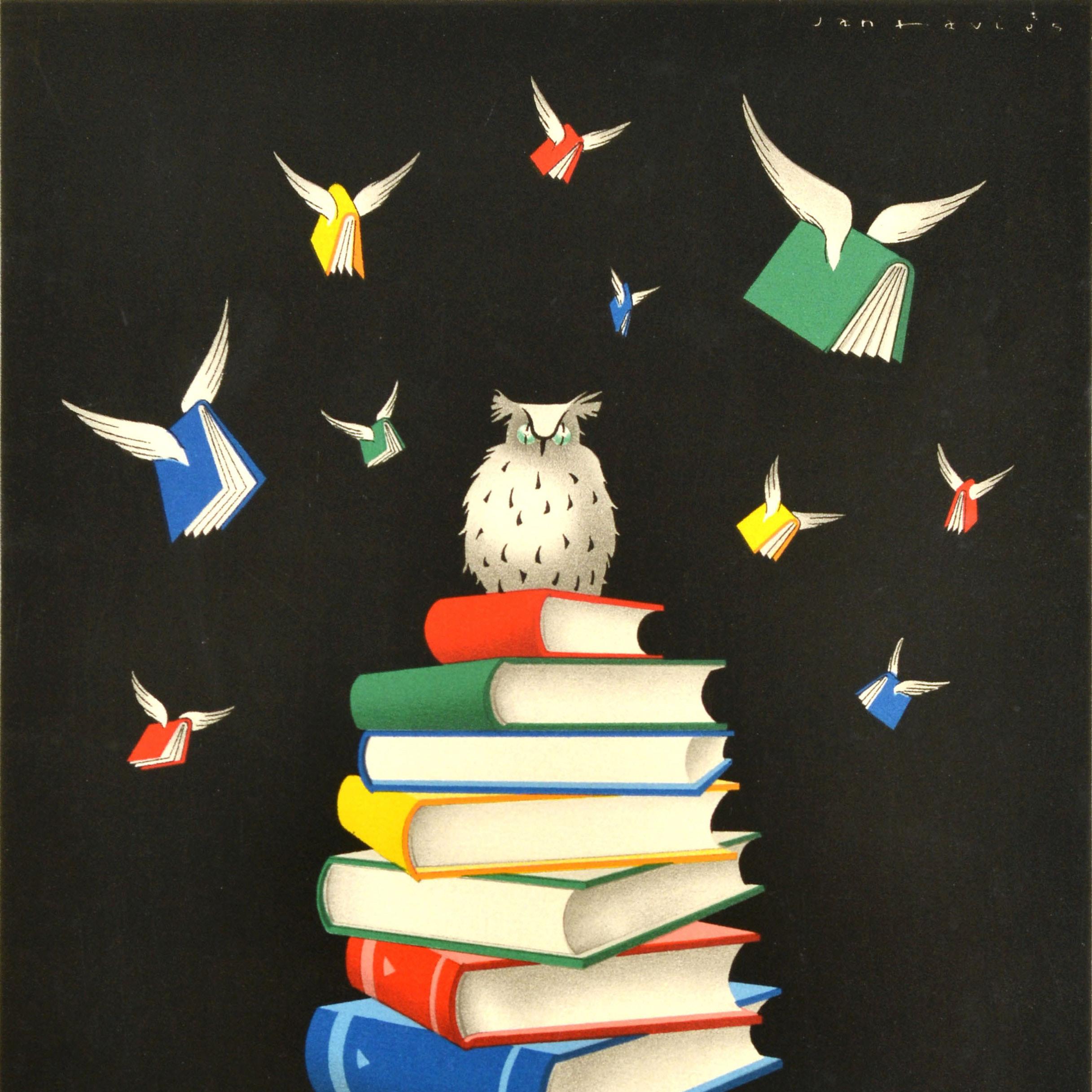 Dutch Original Vintage Book Publisher Advertising Poster Success Books Owl Reading Art For Sale