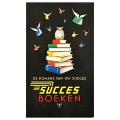 Original Vintage Book Publisher Advertising Poster Success Books Owl Reading Art