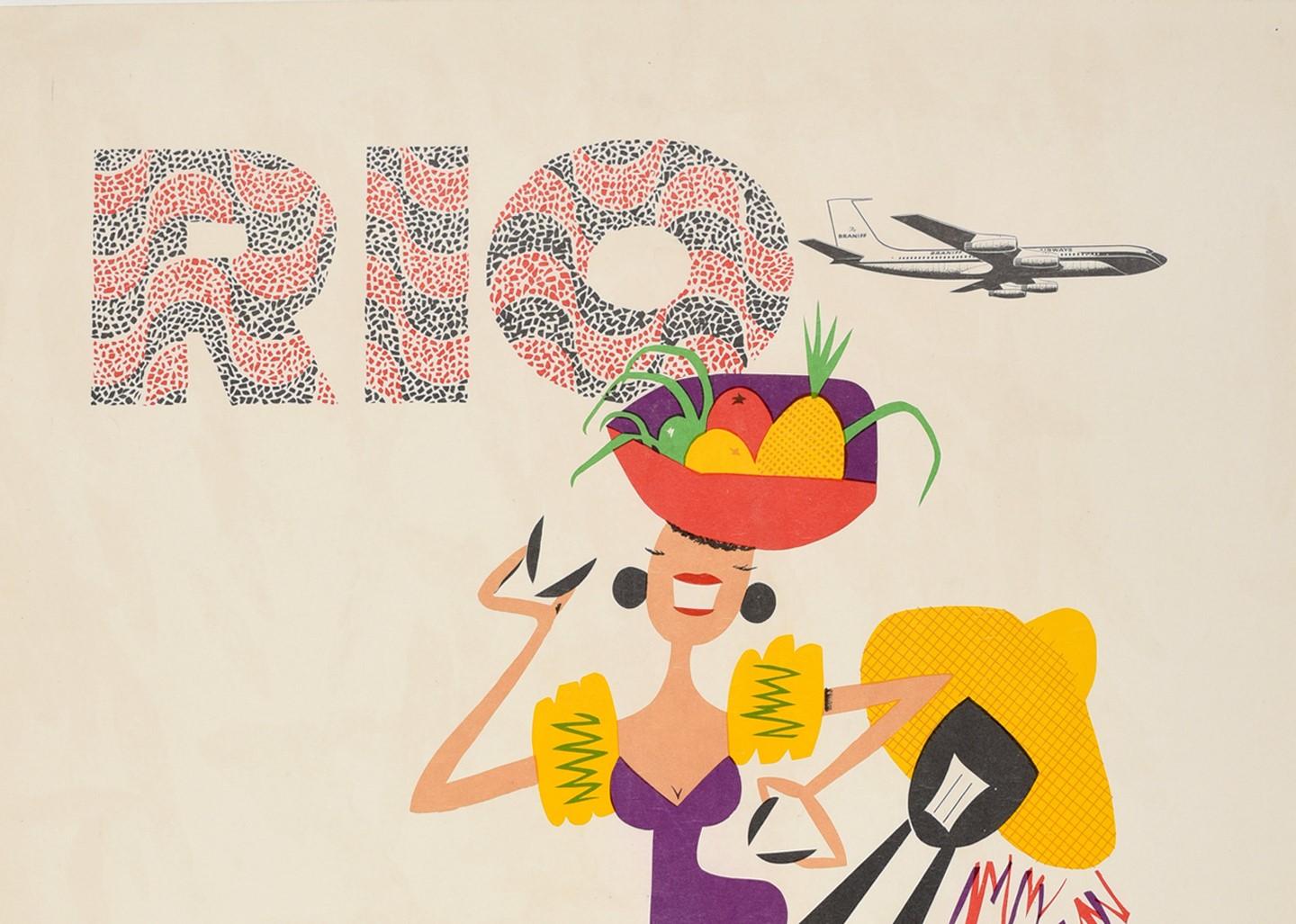 Original vintage travel poster for Rio de Janeiro issued by Braniff International Airways featuring a colourful illustration of smiling lady dancing and playing music with finger cymbals on each hand, wearing a traditional Brazilian dress and