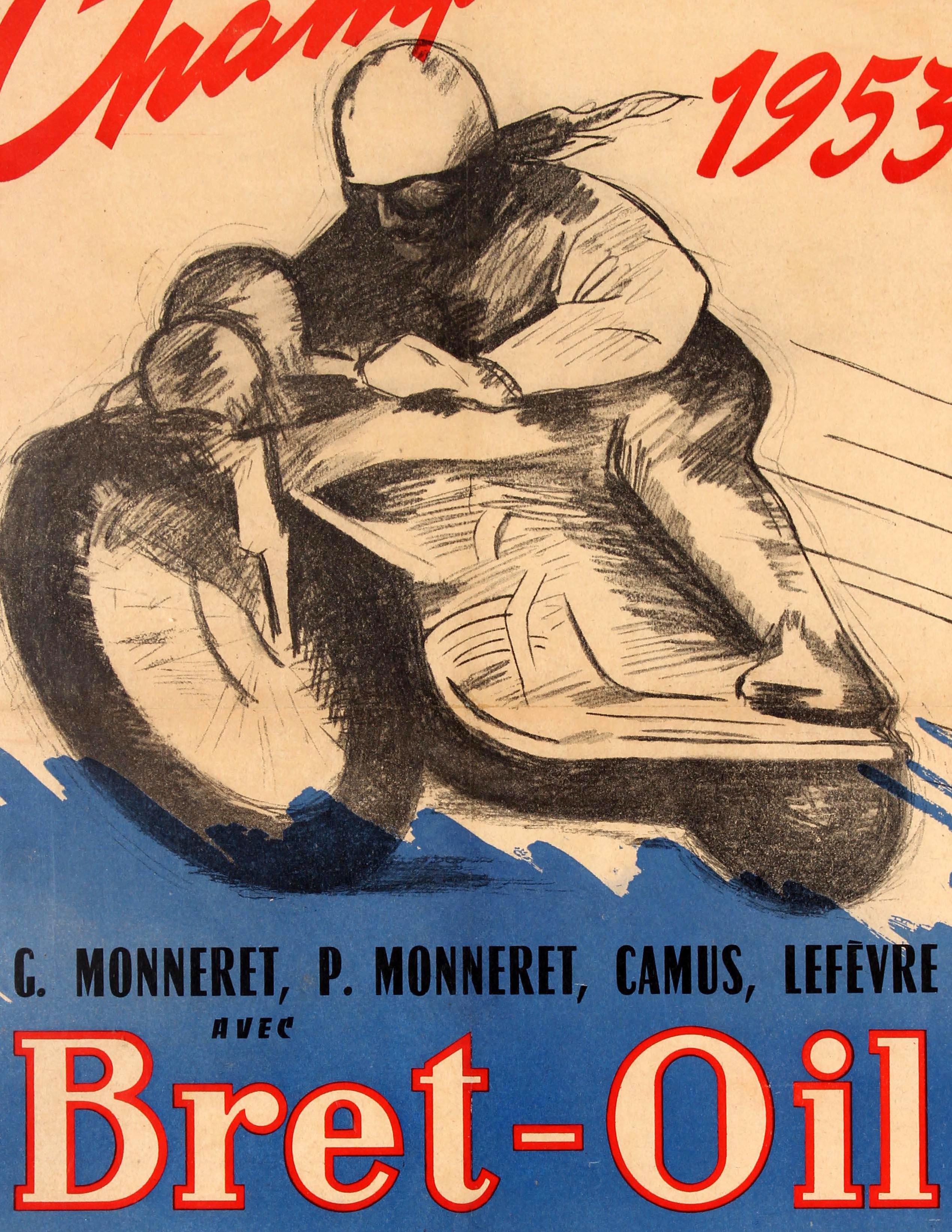 French Original Vintage Bret Oil Motor Racing Sport Poster - Motorcycle Champions 1953 For Sale