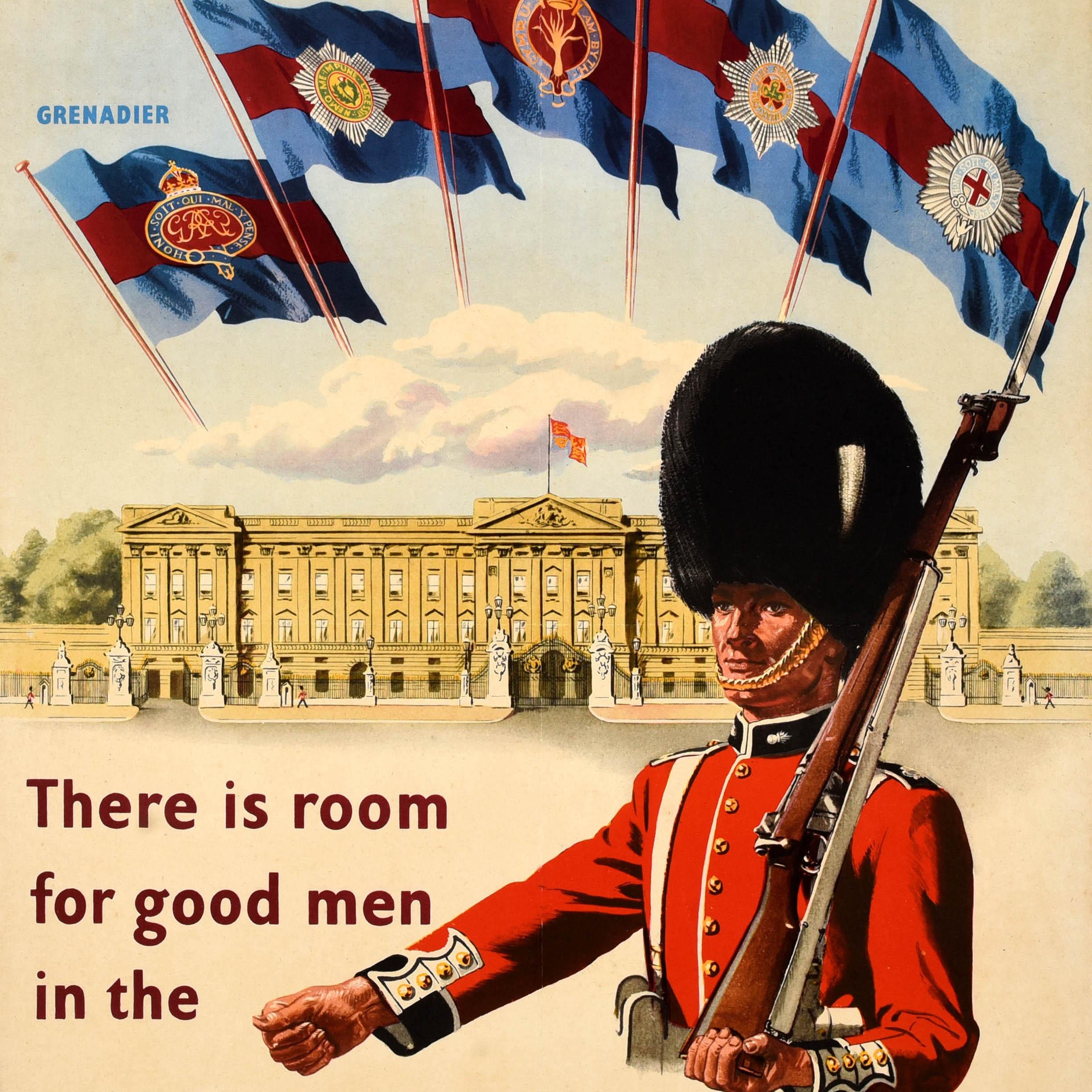 Original Vintage British Army militärische Rekrutierung Plakat - There is Room for Good Men in the Brigade of Guards - mit einem königlichen Queen's Guard Soldat trägt eine ikonische Bärenfellmütze und rote Uniform marschiert mit einem Bajonett
