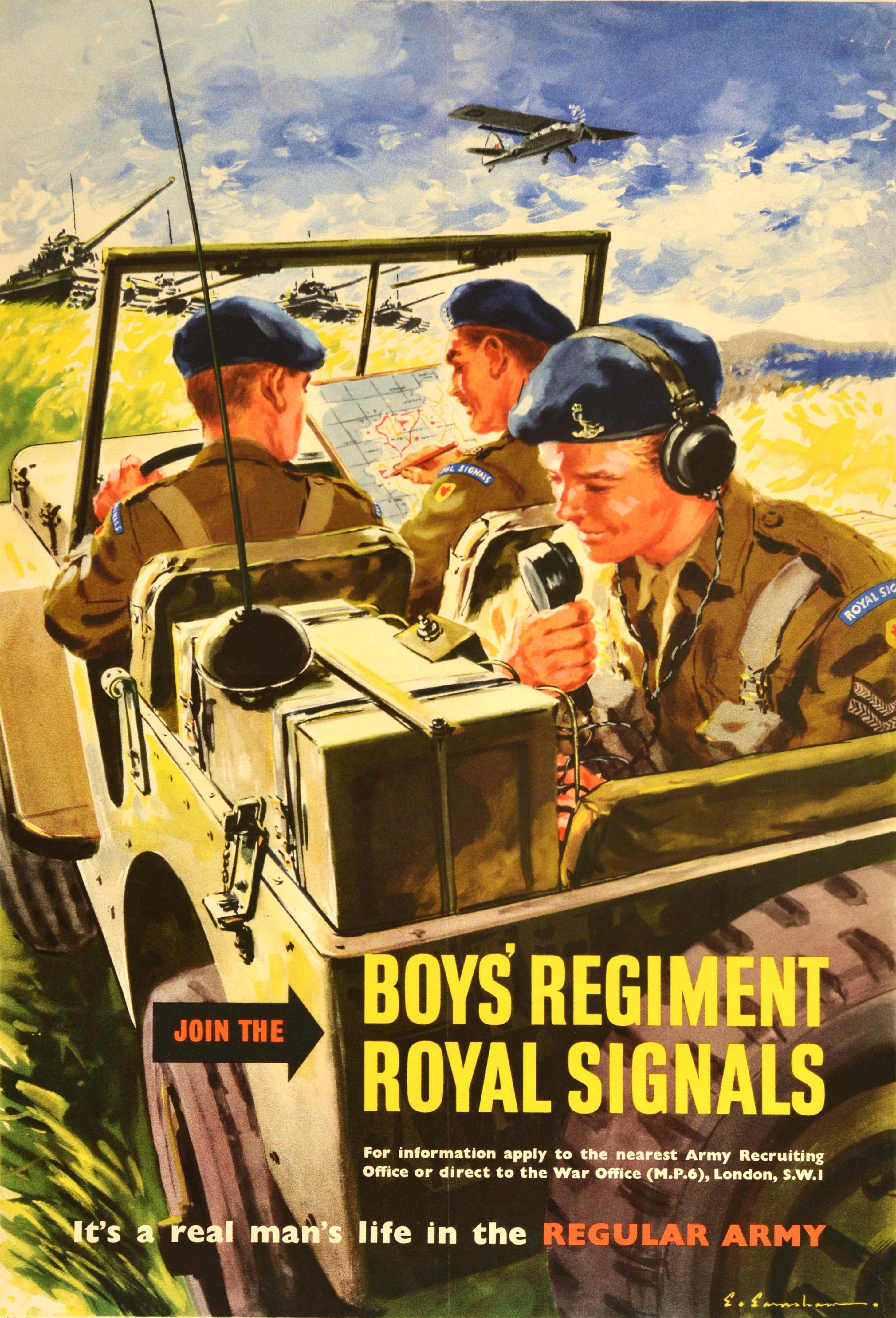 Original Vintage British Army Rekrutierungsplakat - Join the Boy's Regiment Royal Signals It's a real man's life in the Regular Army - mit Kunstwerken, die junge Kadetten in Uniform zeigen, die ein militärisches Fahrzeug mit Vierradantrieb fahren,
