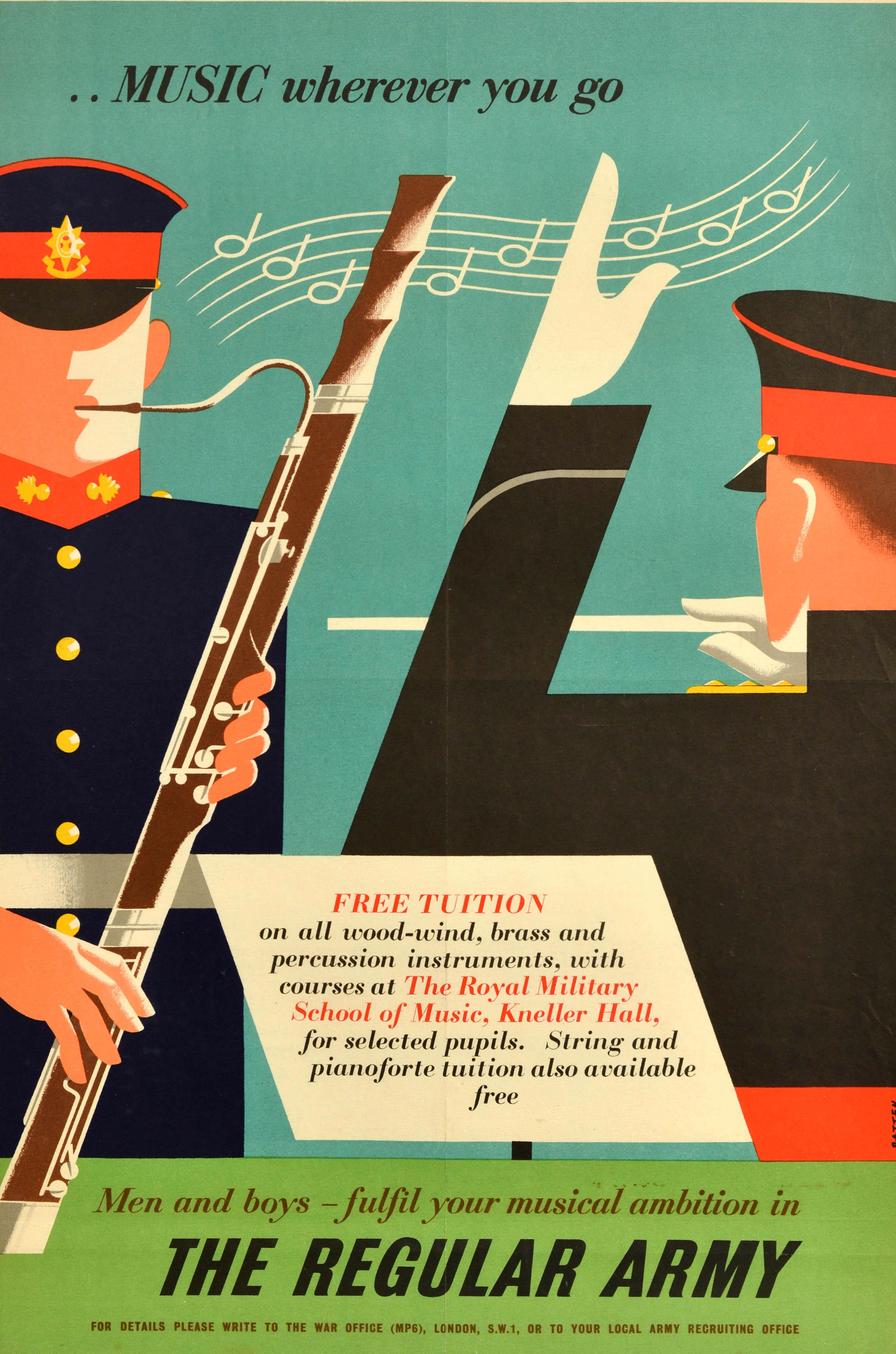 Poster originale d'epoca per il reclutamento dell'esercito britannico - ... Musica ovunque tu vada Uomini e ragazzi, realizzate le vostre ambizioni musicali nell'esercito regolare Insegnamento gratuito su tutti gli strumenti a fiato, a ottoni e a