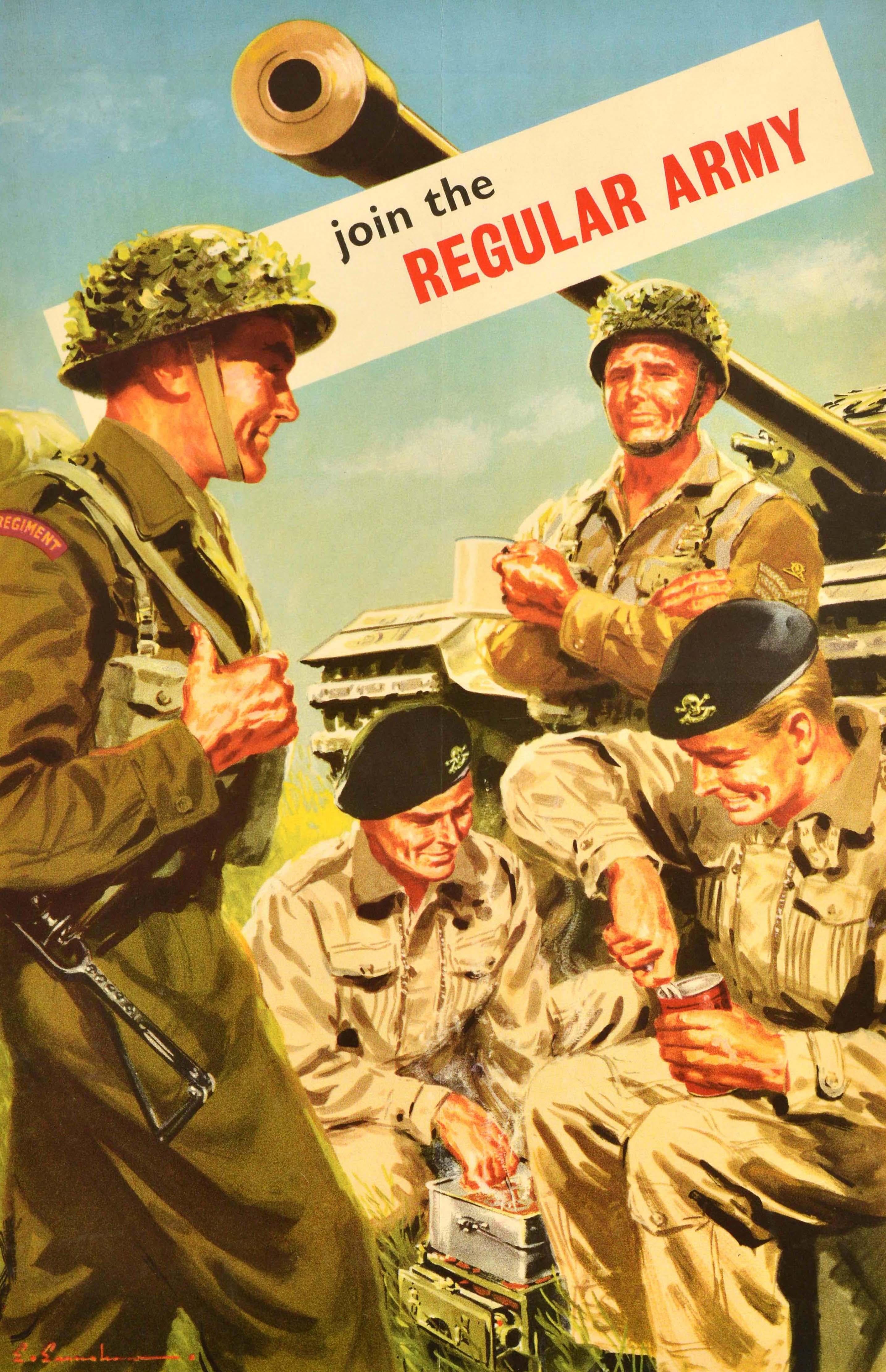 Originales Rekrutierungsplakat der britischen Armee - Join the Regular Army - mit einem großartigen Kunstwerk, das lächelnde Soldaten in Militäruniform zeigt, die sich vor einem Panzer unterhalten, während sie kochen und eine Mahlzeit aus Konserven