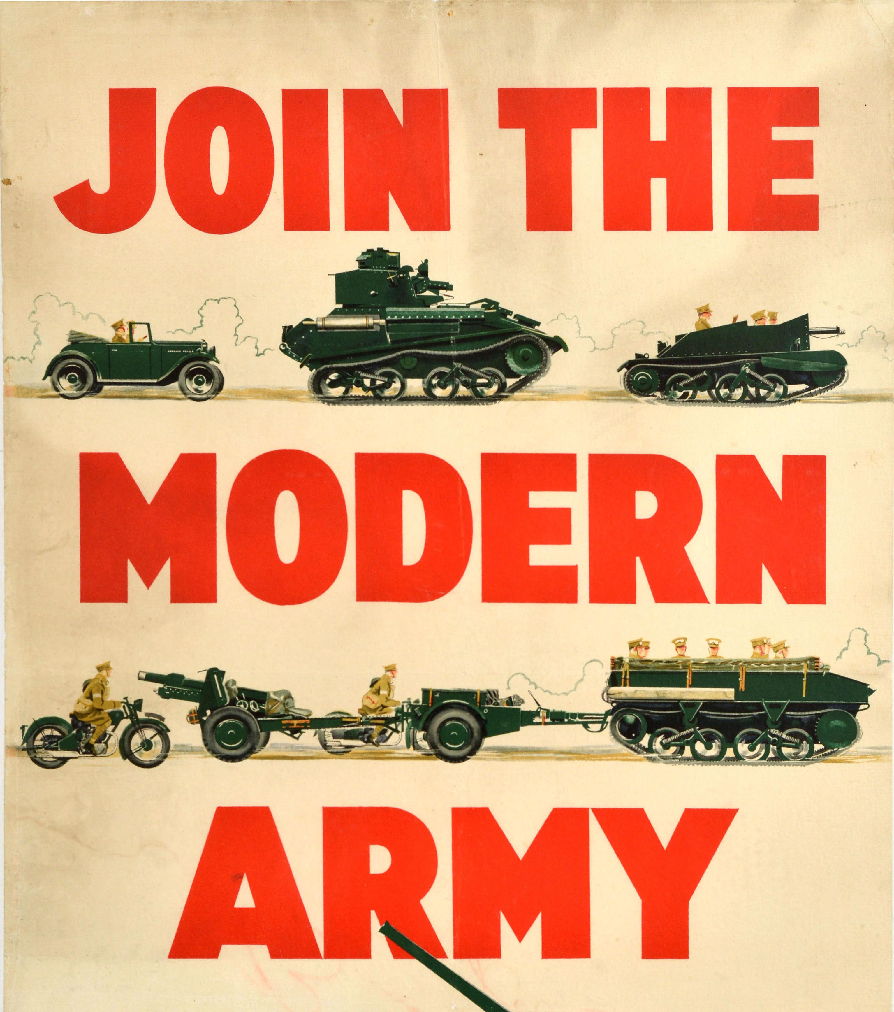 Original Vintage militärische Rekrutierung Plakat - Join The Modern Army - mit britischen Armee Soldaten in Uniform fahren verschiedene Panzer und andere Fahrzeuge, darunter ein Auto und fahren Motorräder in zwischen den Text in fetten roten