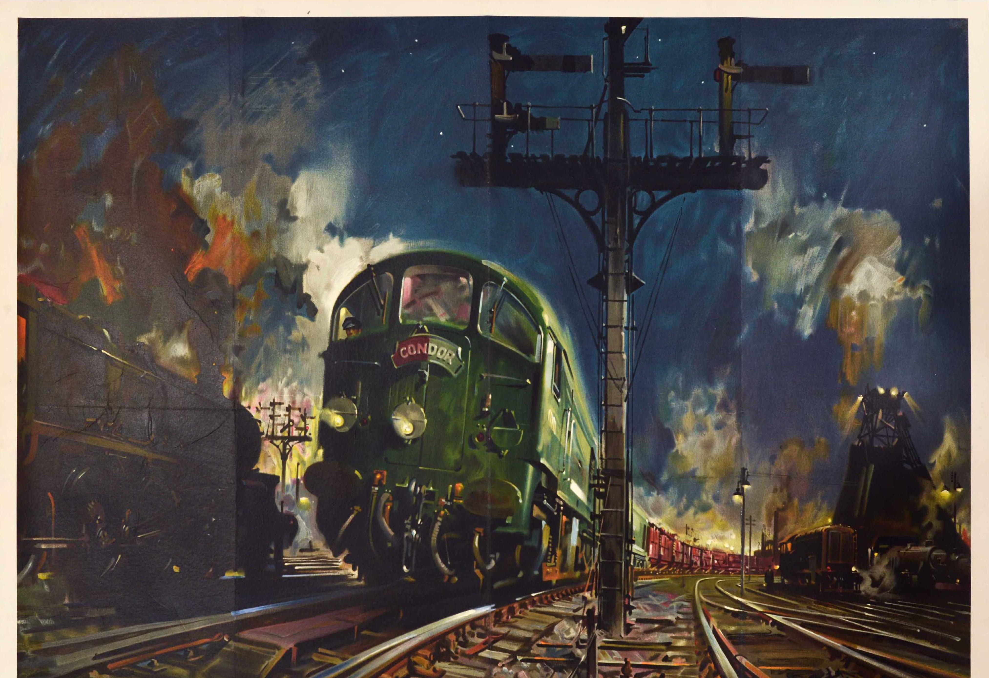 Original vintage British Railways poster - Night Freight - featuring artwork by the notable British artist Terence Tenison Cuneo (1907-1996) depicting the Condor on railway tracks next to a signal post in front of a dramatic night sky background,