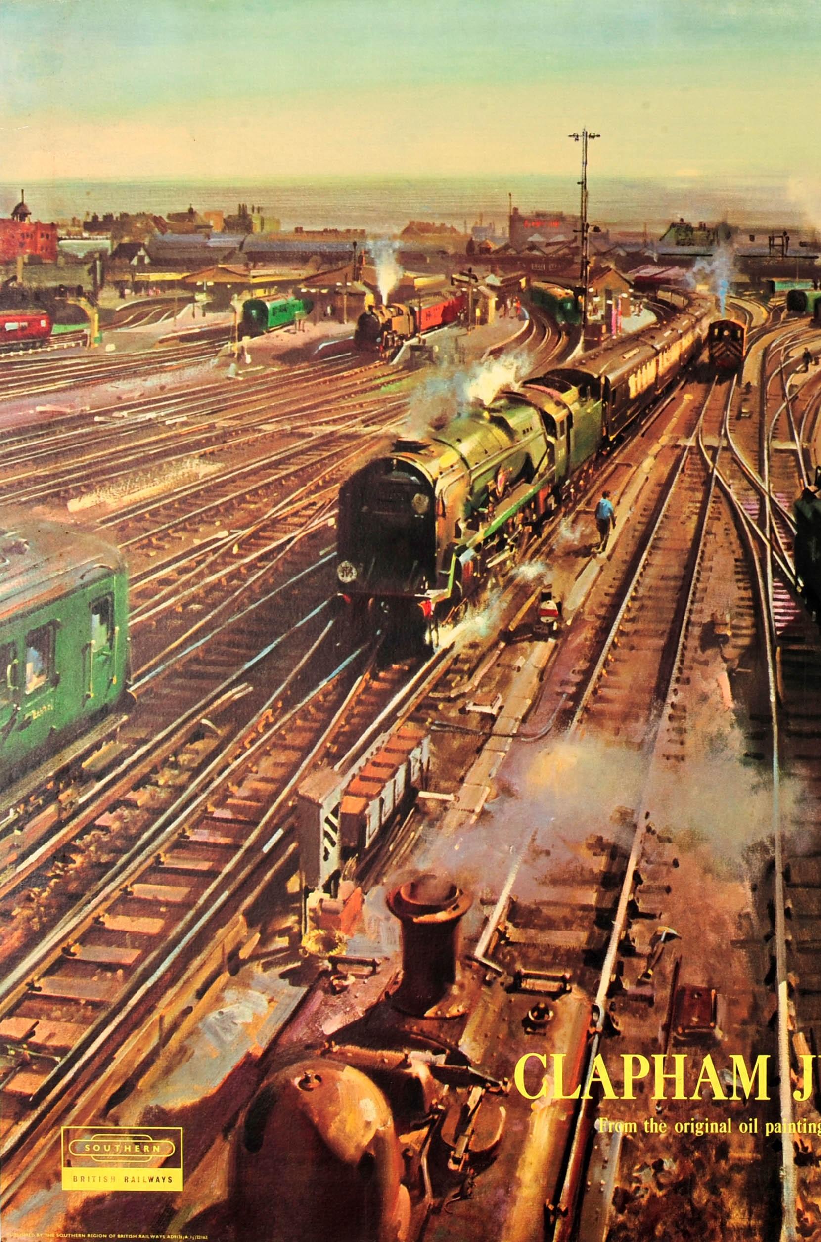 Original vintage railway travel advertising poster entitled Clapham Junction from the original oil painting by Terence Cuneo featuring Britain's busiest railway station with numerous trains making their way in and out of the busy London interchange