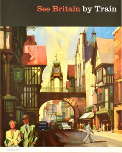 Poster di viaggio originale delle ferrovie britanniche d'epoca Eastgate Chester Gran Bretagna in treno