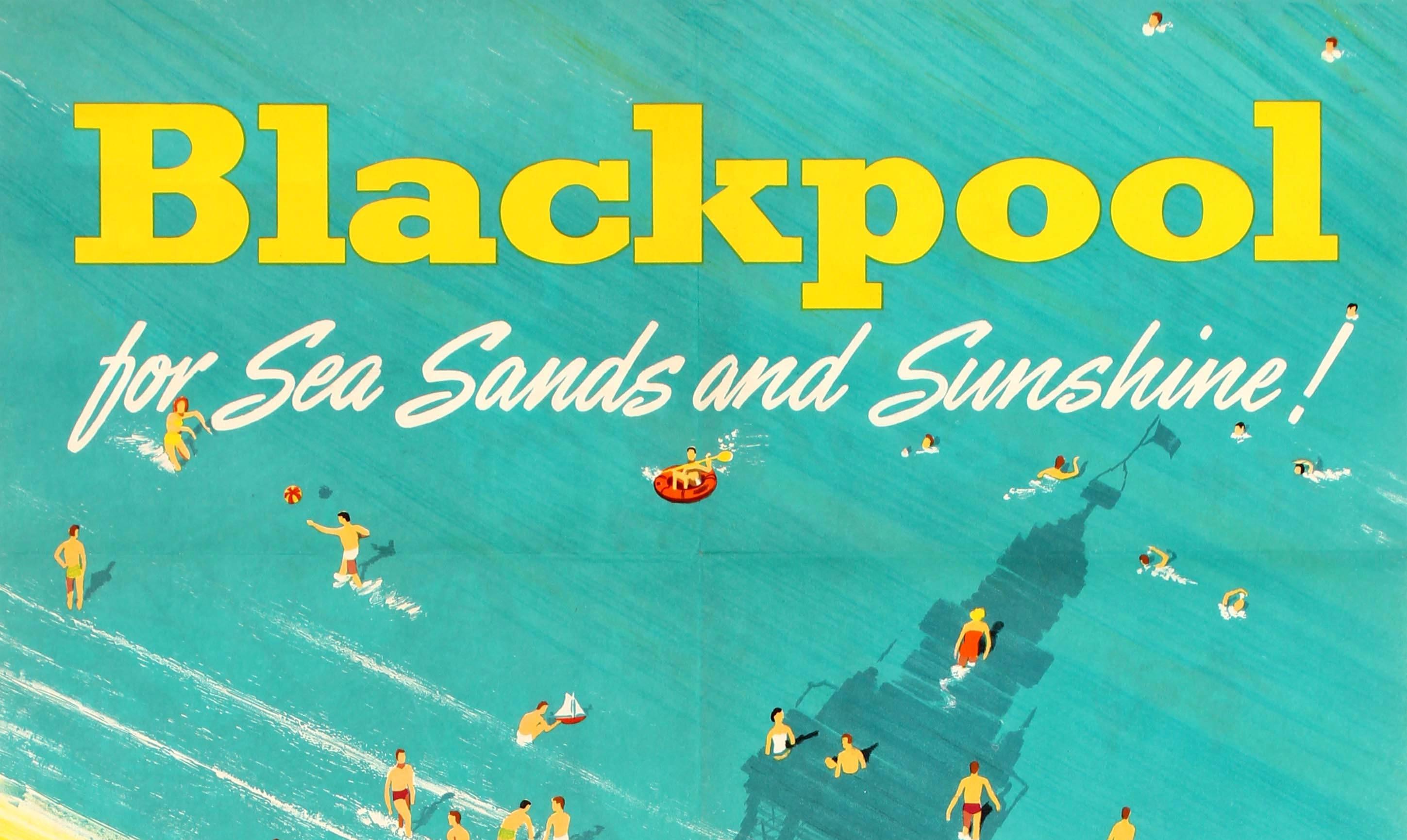 Original vintage travel poster promoting Blackpool as a holiday destination, published by British Railways. Bright and sunny aerial view over a beach in Blackpool with couples and families walking, children building a sandcastle, people playing
