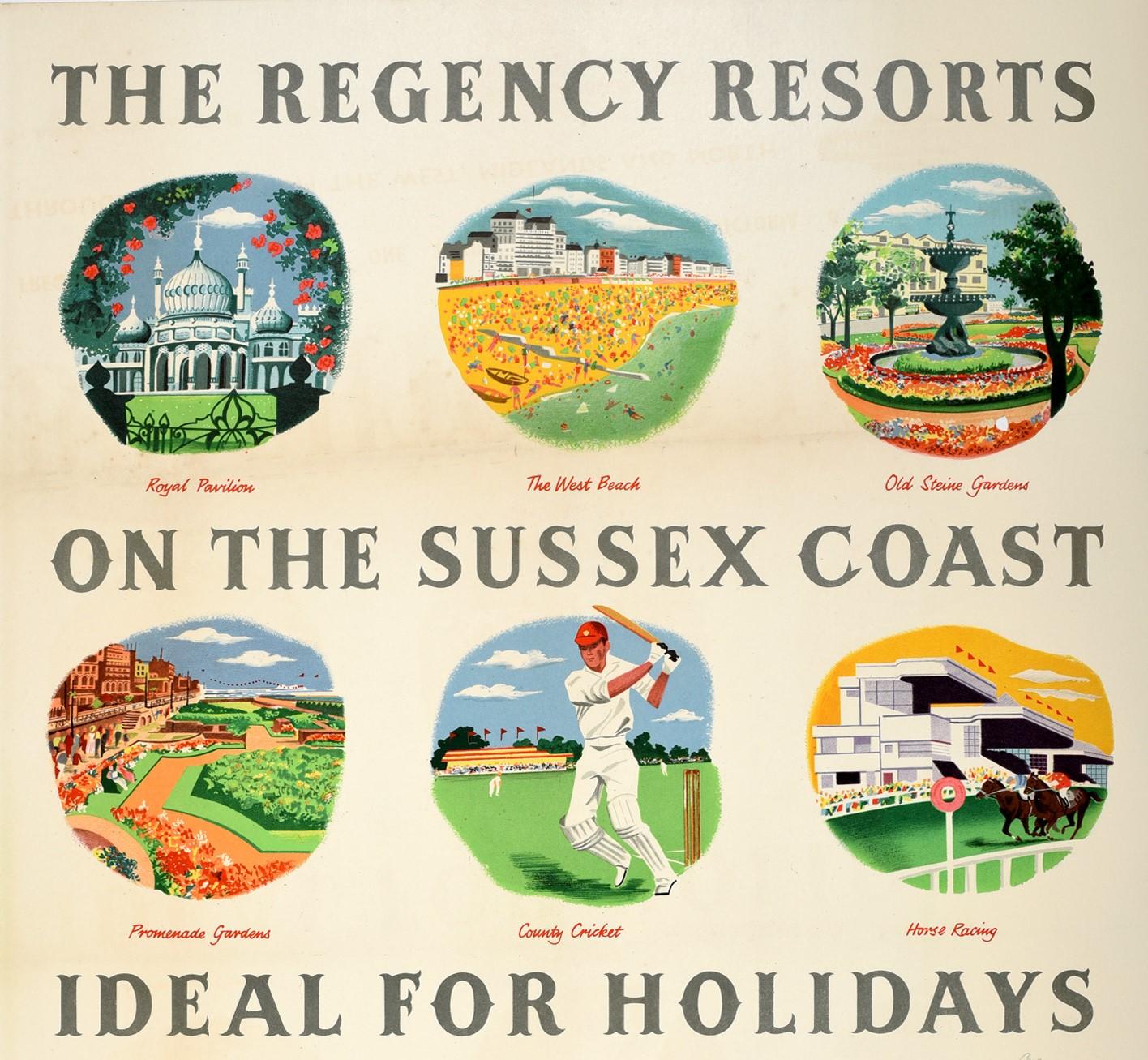 Original vintage British Railways travel poster for The Regency Resorts on the Sussex Coast Ideal for Holidays Brighton & Hove featuring a great design with nine colorful illustrations set between the stylised lettering against a white background