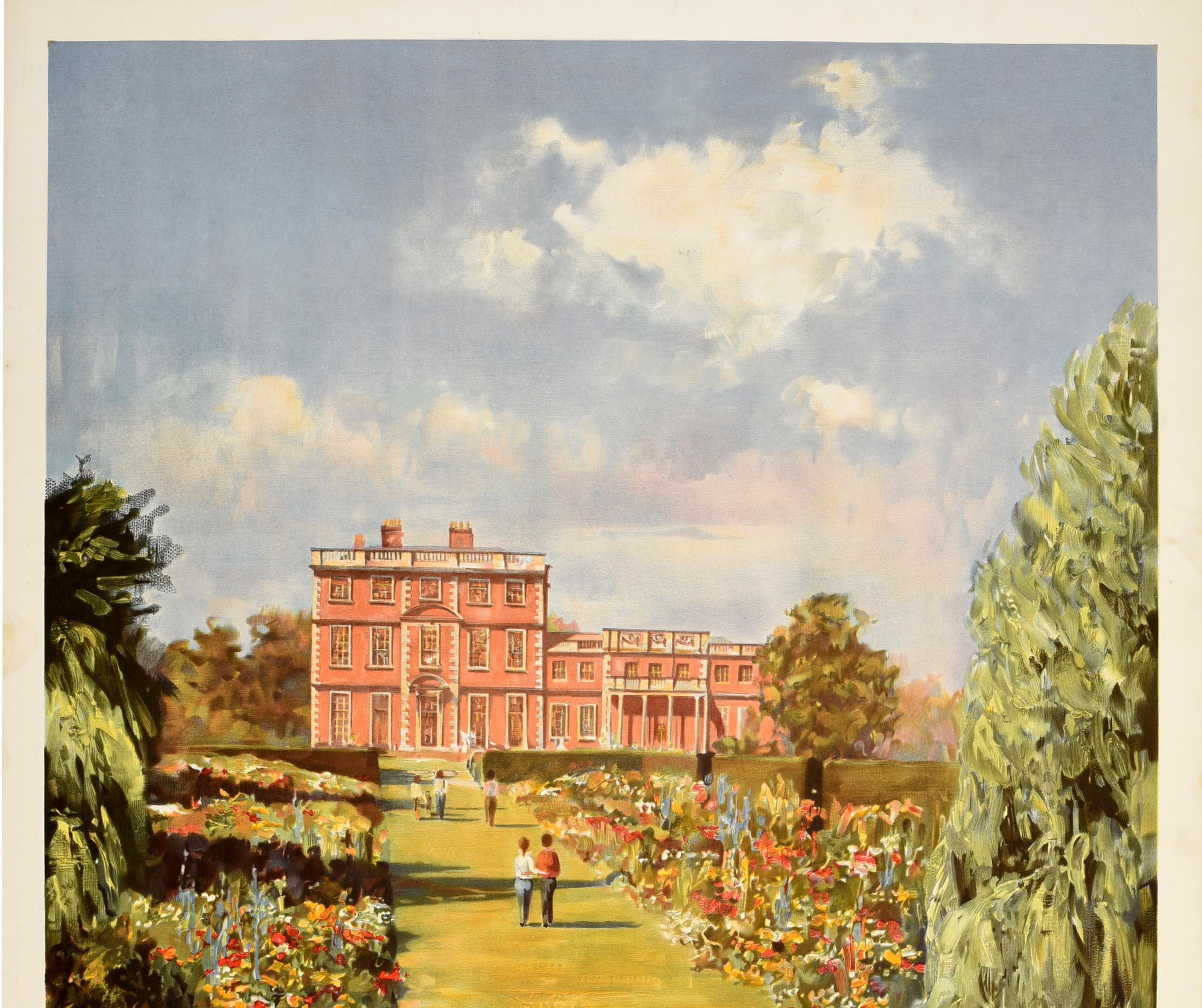Original-Reiseplakat von British Railways - England's Stately Homes - mit farbenfrohem Kunstwerk von Newby Hall in Yorkshire mit Blick vom Fluss Ure auf Menschen, die durch den gepflegten Garten zwischen Blumenbeeten zum Herrenhaus spazieren, mit