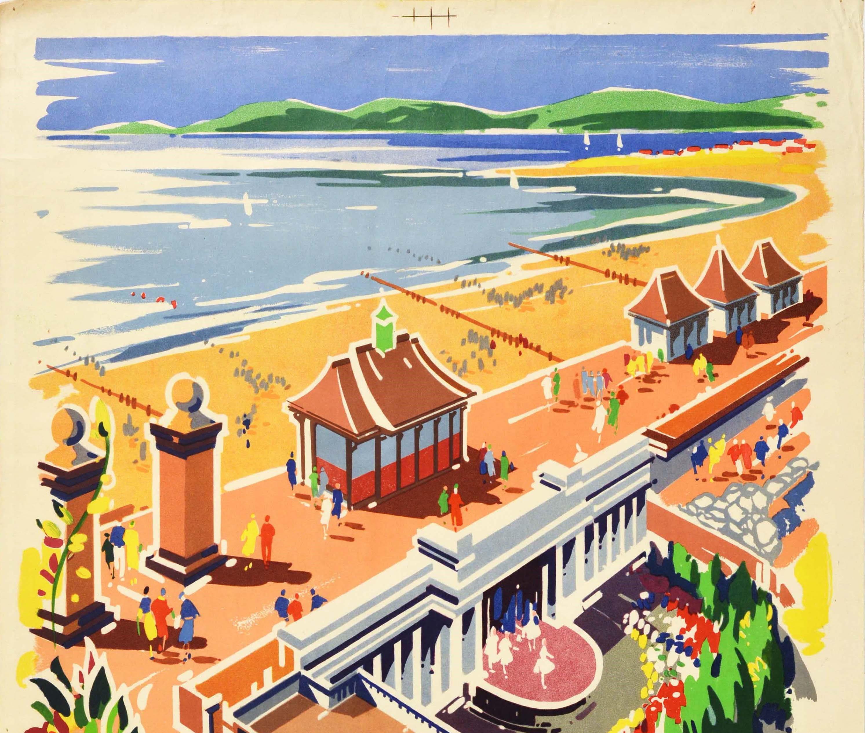 Original vintage travel poster issued by British Railways for Thornton Cleveleys on the Lancashire Coast featuring a colourful view of the seaside promenade with people walking around the formal gardens and enjoying a sunny day by the large sandy