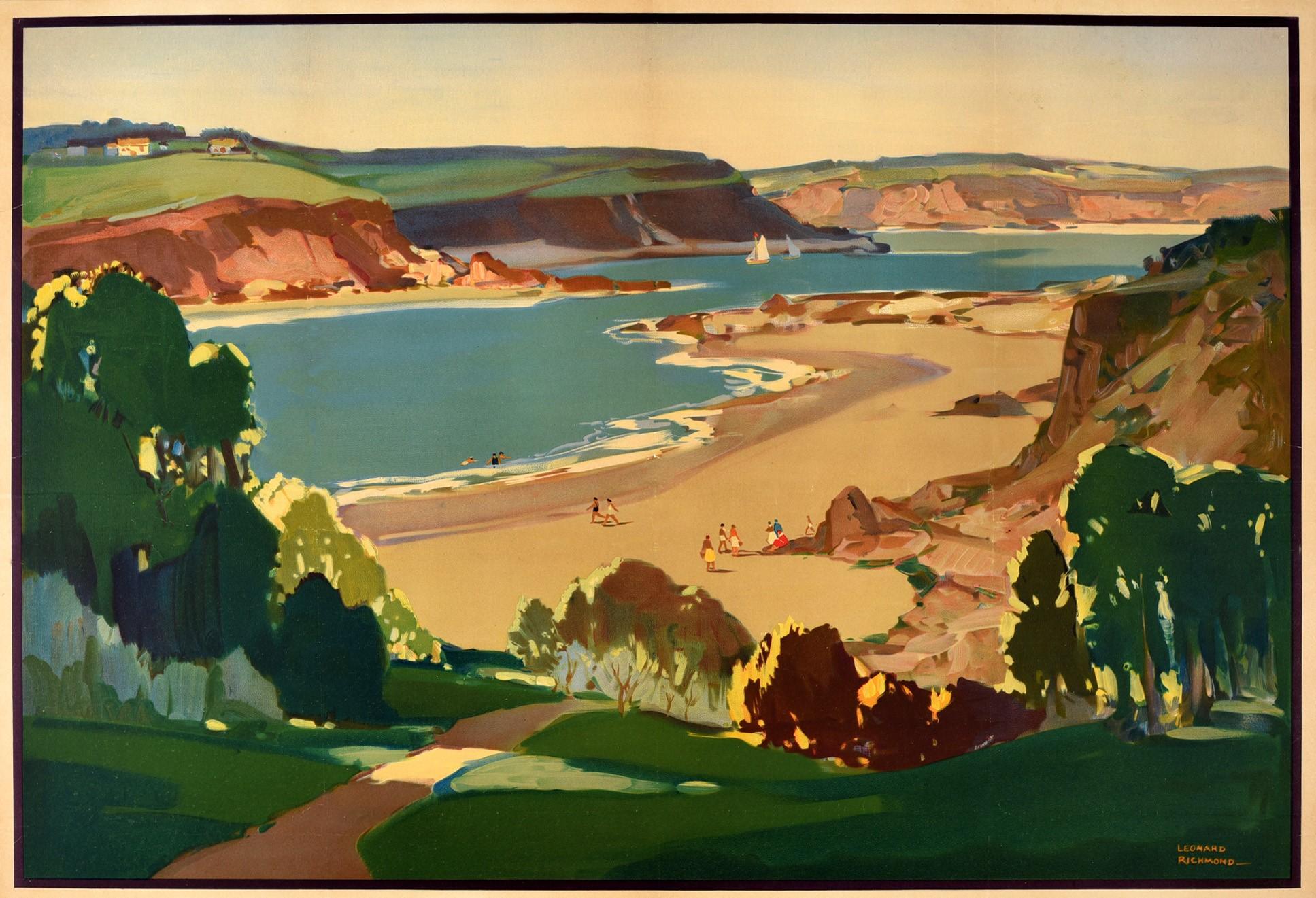 Original vintage travel poster for Glorious Devon issued by British Railways featuring a colourful country seaside scene by the artist and poster designer Leonard Richmond (1889-1965) depicting a tree lined pathway leading down to people walking