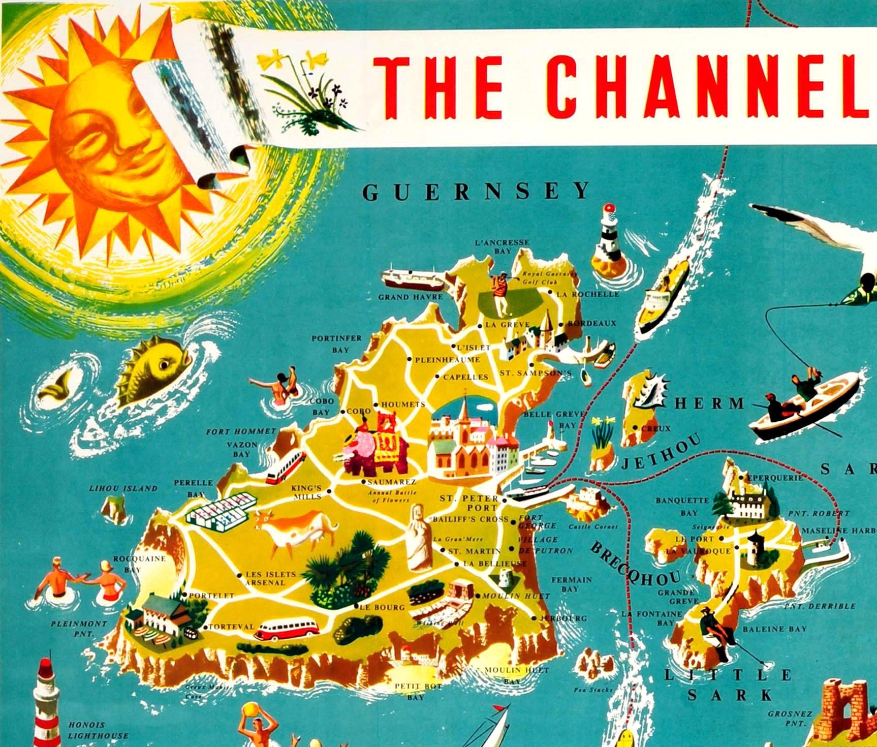 Original vintage travel advertising poster for The Channel Islands - Go there by British Railways published by the Southern Region of British Railways. Colourful illustrated map of the Channel Islands depicting Guernsey, Alderney, Sark and Jersey