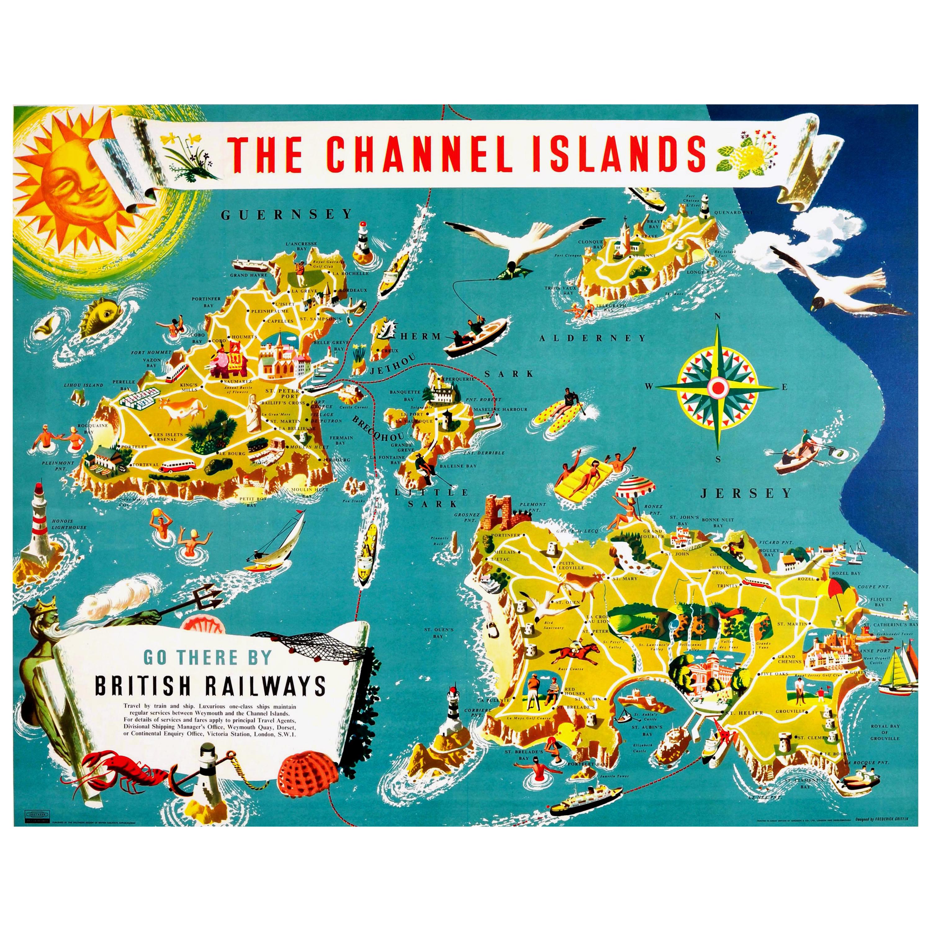 Poster originale d'epoca delle British Railways Mappa illustrata delle Isole del Canale