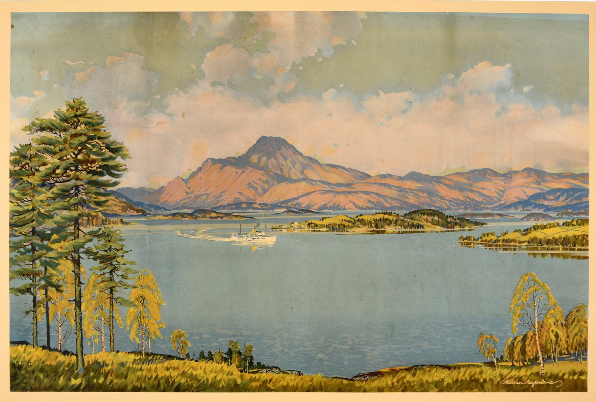 Original vintage travel poster for Loch Lomond See Scotland by Train and Steamer issued by British Railways featuring a great design by Alasdair MacFarlane (1902-1960) depicting a scenic view of a steamboat ferry sailing across the calm water of