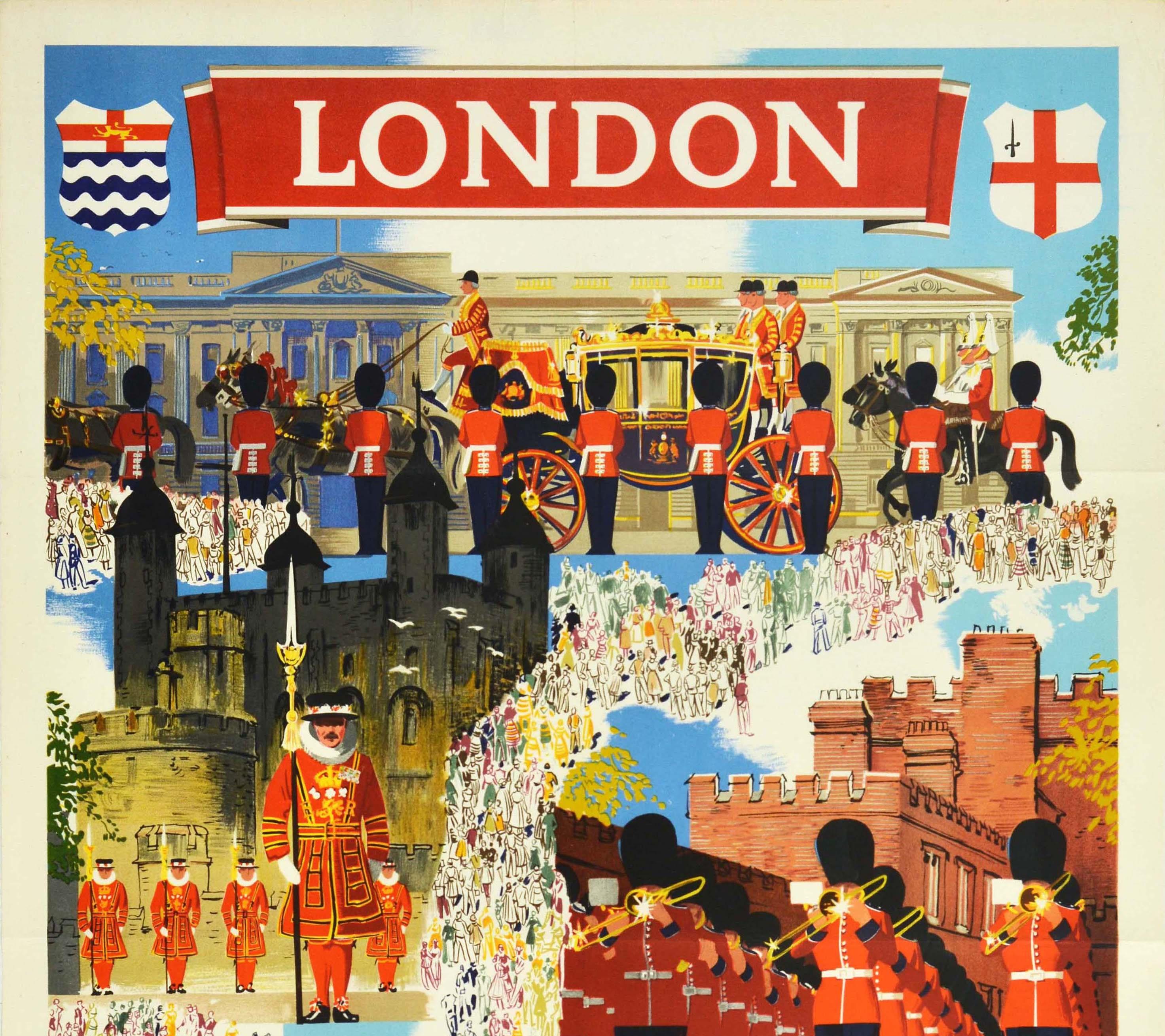 Original vintage railway travel advertising poster for London featuring a bright and colourful collage of images depicting Royal Guards / Queen's Guards in uniform with their bearskin hats, standing in line as a golden horse drawn carriage passes in