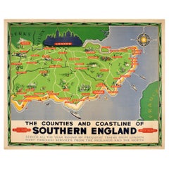 Original Retro British Railways Poster Map Counties Coastline Southern England