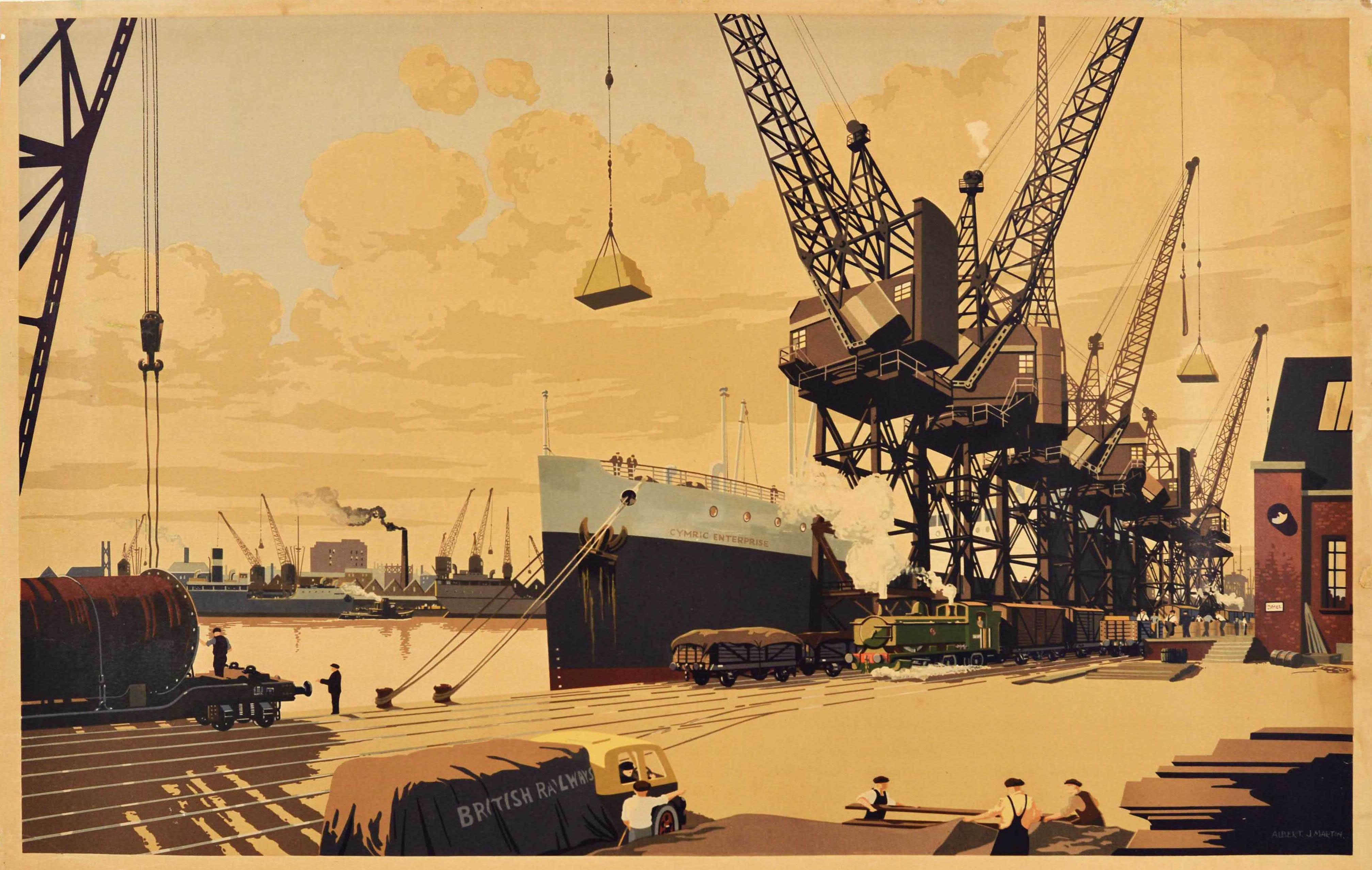 Original vintage poster - South Wales Docks For Quick Despatch - featuring a busy scene at the docks with cranes hauling crates and boxes from a ship named the Cymric Enterprise moored alongside, dock workers, a British Railways van, a cargo steam