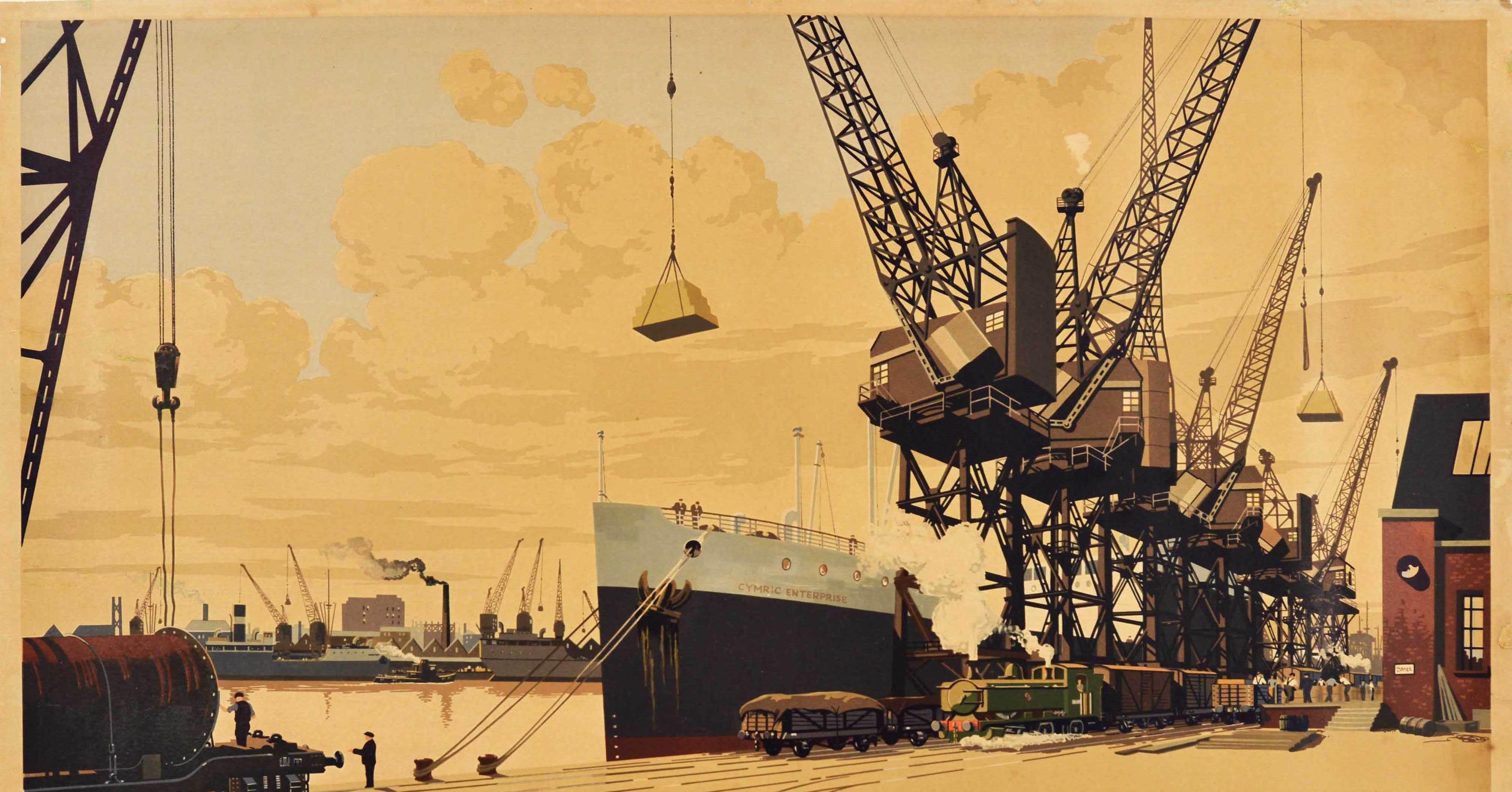 Mid-20th Century Original Vintage British Railways Poster South Wales Docks Industry Cargo Ship For Sale